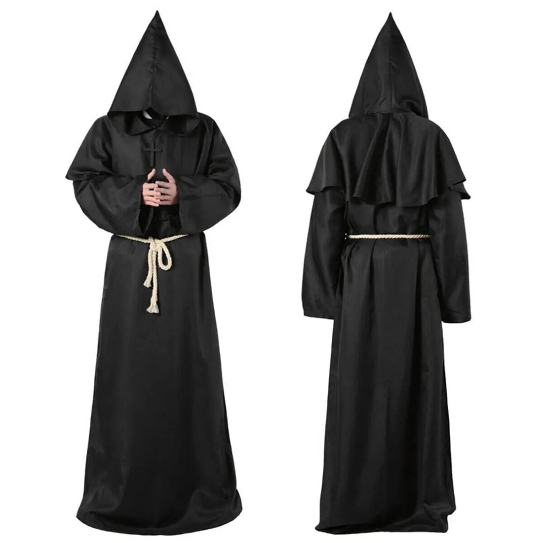 Wishstar Abito da Monaco XL Nero con Cappuccio, Cintura e Collana a Croce - Costume Ideale per Halloween, Cosplay e Feste a Tema Medievale
