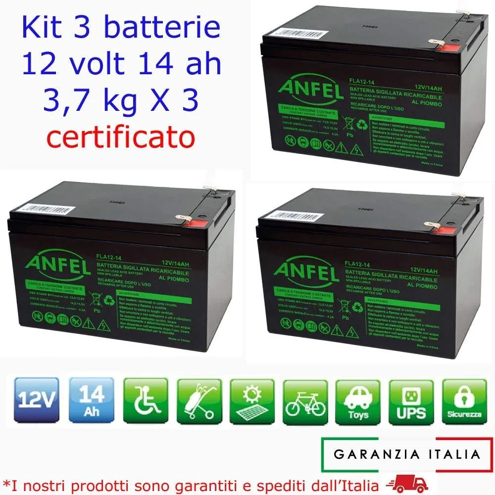 Kit 3 Batterie al Piombo Ricaricabile 12V 14Ah per Bici Elettriche e Monopattini