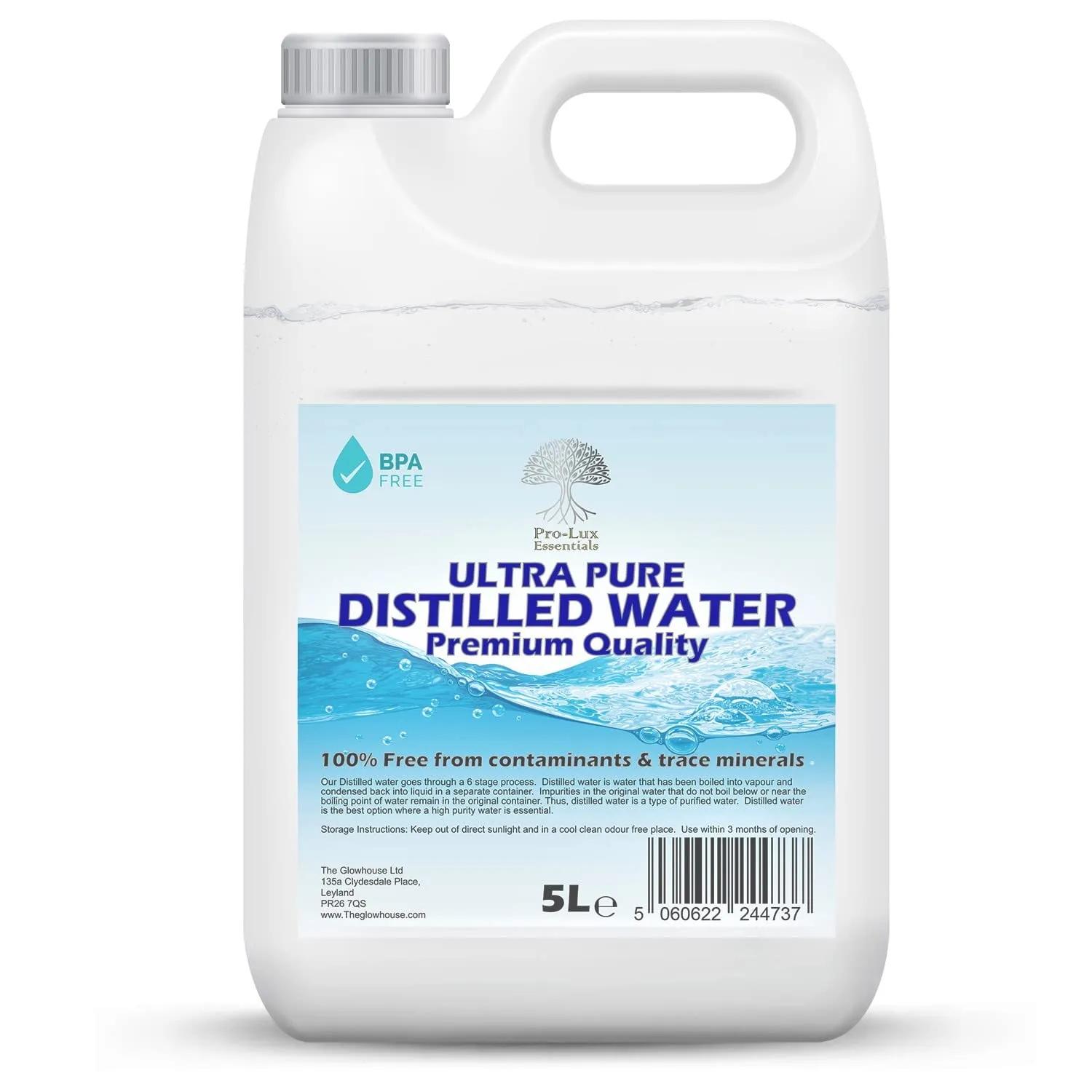 Acqua distillata 100% pura, di alta qualità, ideale per CPap, ferri da stiro, umidificatori, pulizia, motori e altro ancora, prodotto nel Regno Unito (5 litri)
