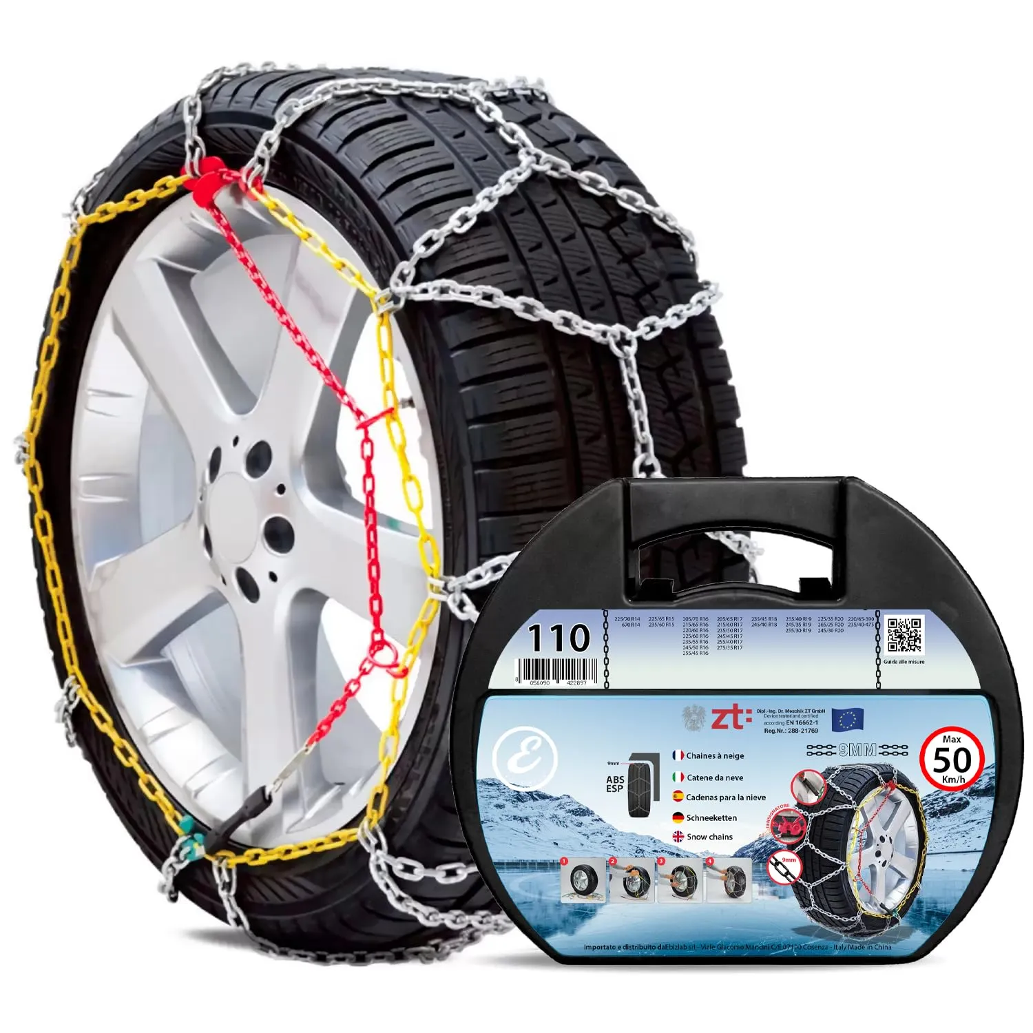 Catene da Neve in Metallo 9 mm Omologate TUV e GS Onorm Montaggio Rapido per Auto Macchina Furgone SUV Con Tensionatore Autobloccante (Misura 110)