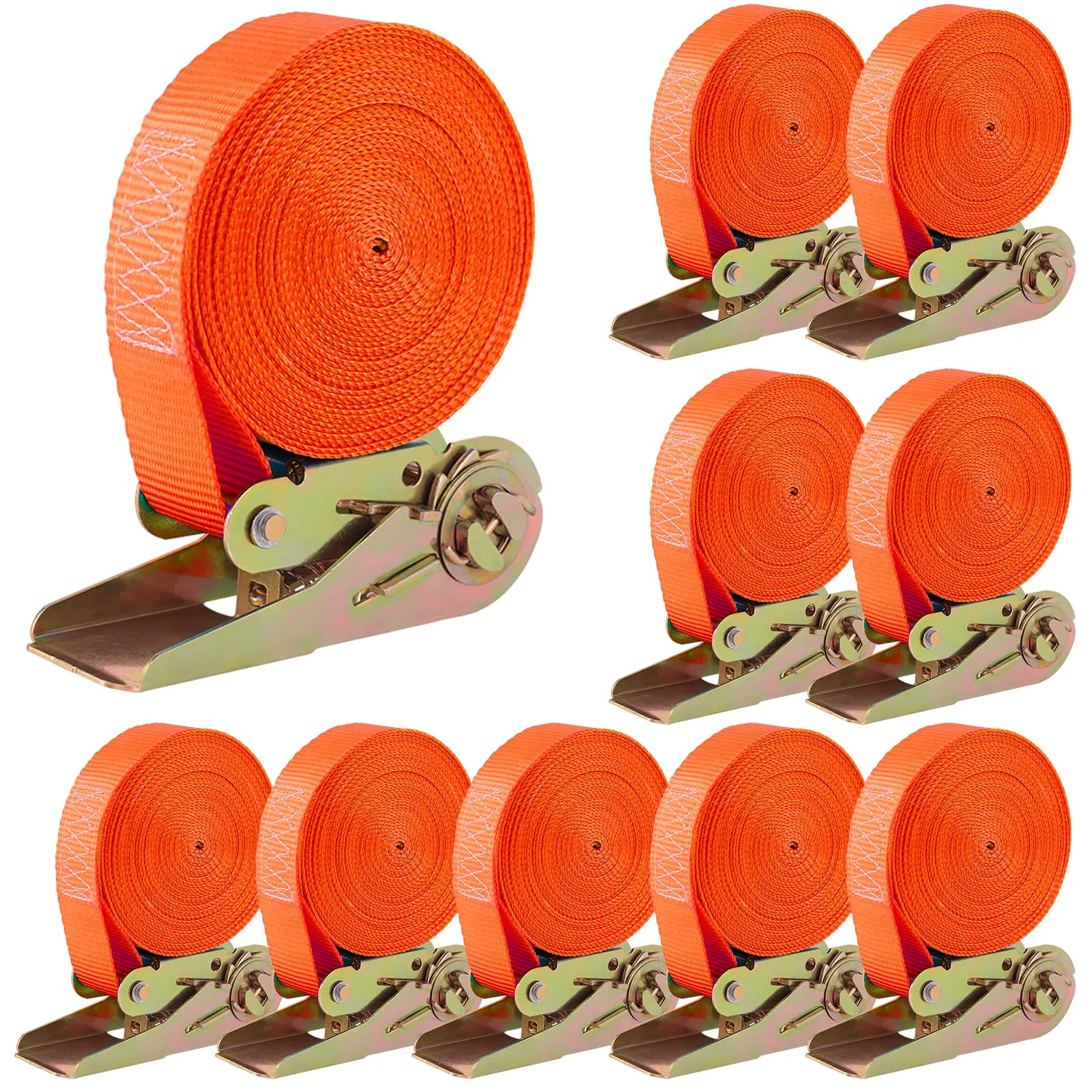 Set da 10 Cinghie di Tensione con Cricchetto, 6m x 25mm, 800kg - Arancione