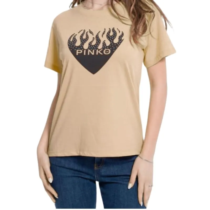 Pinko Up T-Shirt Cuore con Brillantini Nocciola