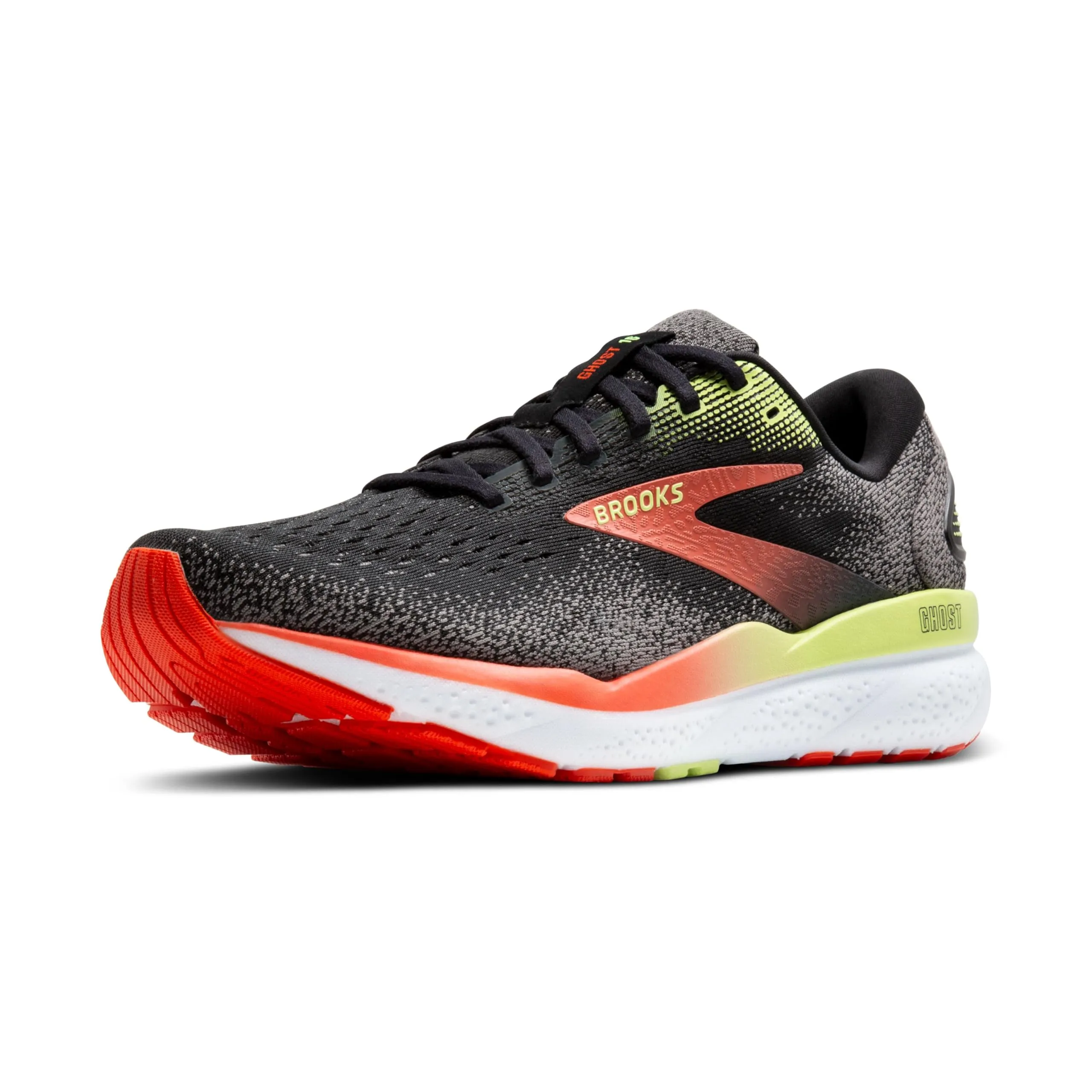 Brooks Ghost 16, Sneaker Uomo, Nero/Rosso Mandarino/Verde, 42 EU