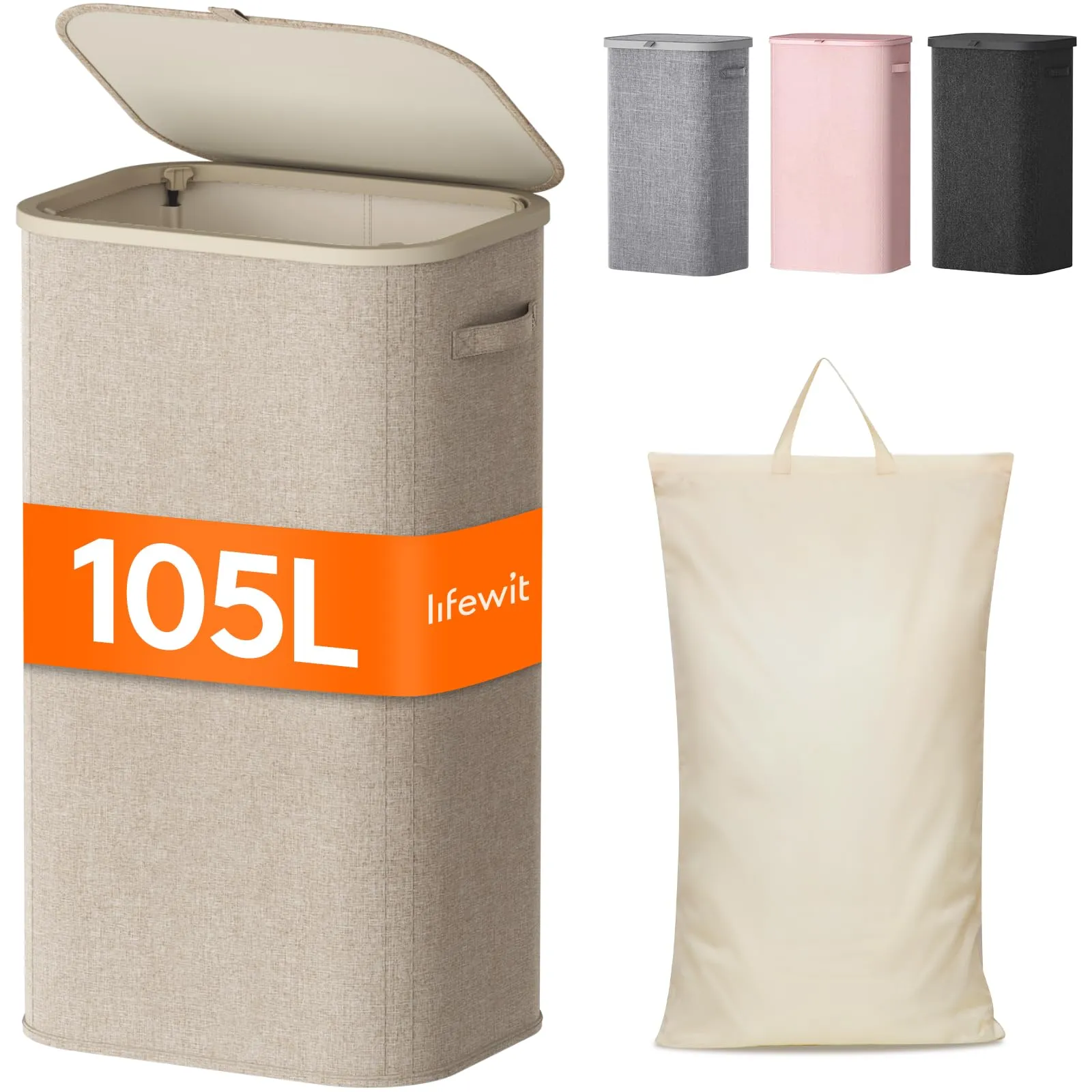 Lifewit Cesto Portabiancheria 105 L Beige con Coperchio