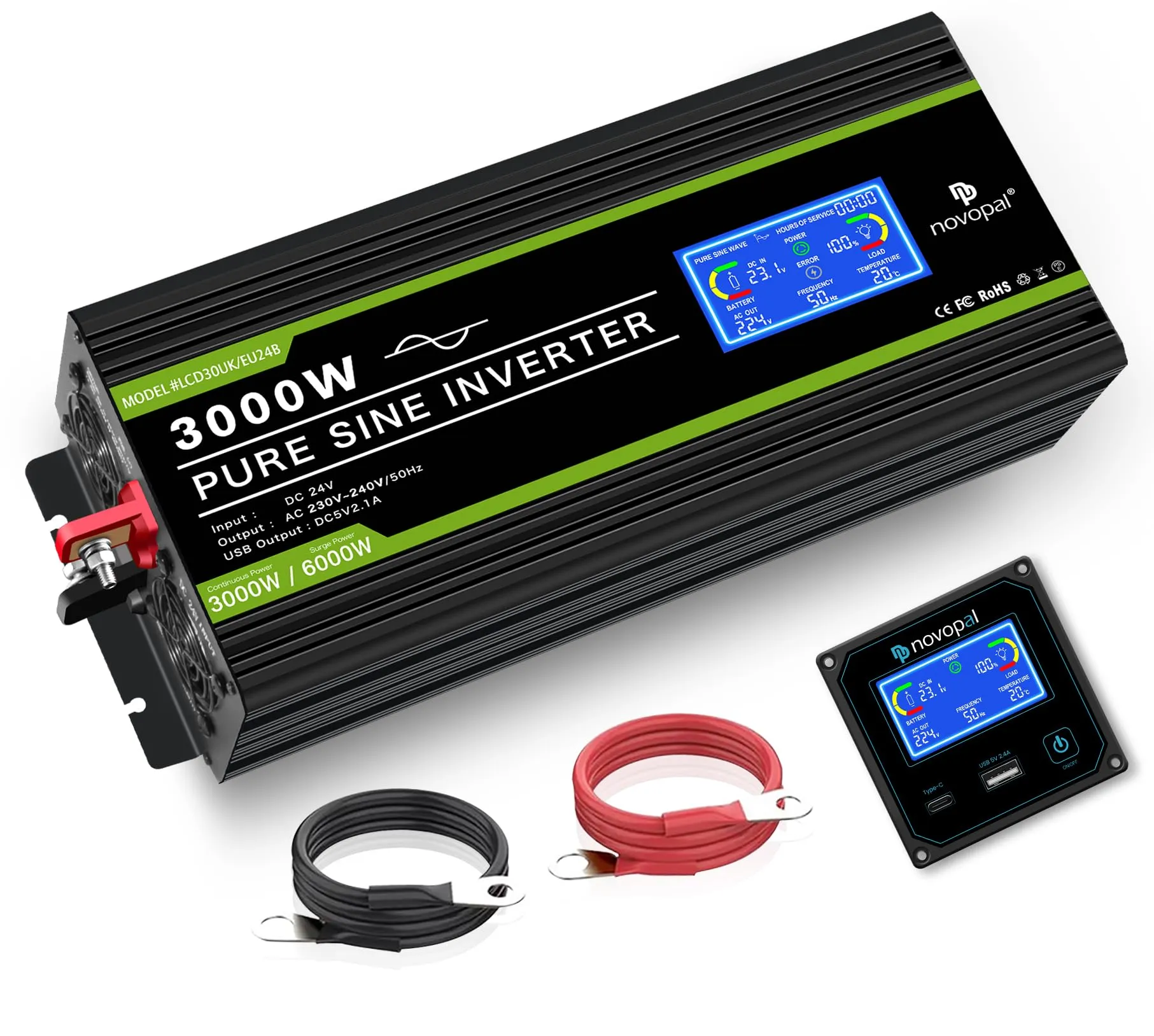 NOVOPAL Inverter di Potenza 3000W Onda Sinusoidale Pura 24V a 220V con LCD e Telecomando