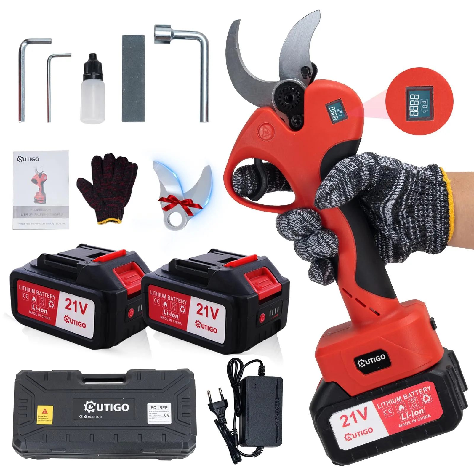 OUTIGO Forbici Potatura Elettriche con 2x3000mAh Batterie, 40 mm, con Display, con Motore brushless per giardinaggio, alberi da frutto, vigneto