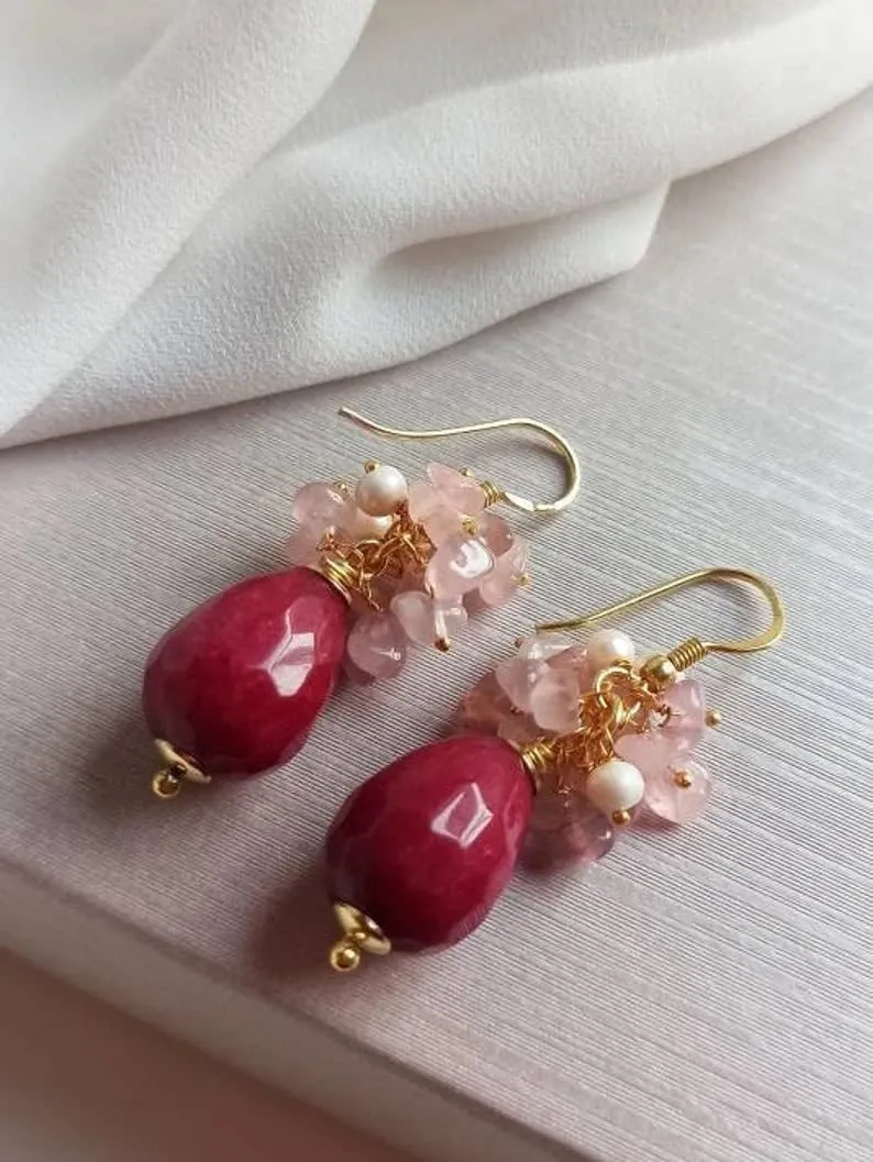 Orecchini a Goccia con Agata Borgogna e Quarzo Rosa