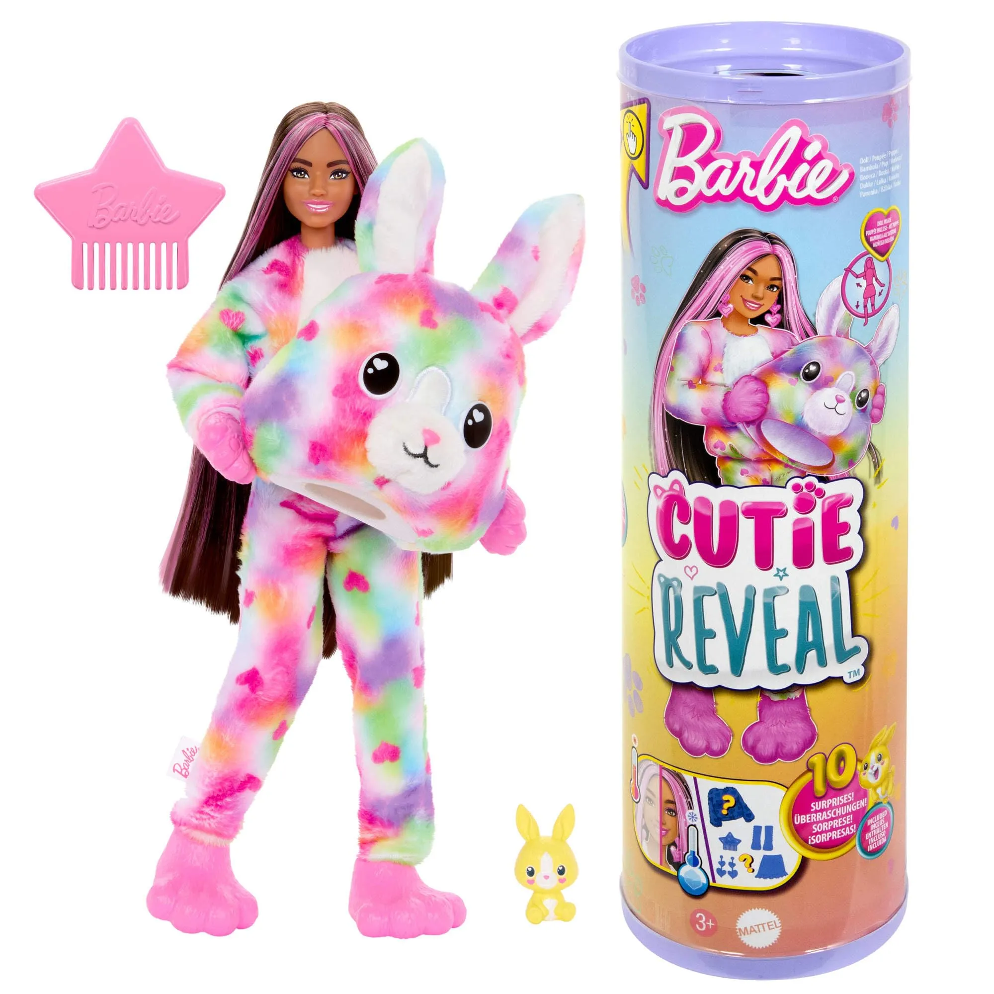 Barbie - Cutie Reveal Serie Color Dream, bambola con costume da coniglio di peluche tye-die e 10 accessori a sopresa con effetto cambia colore, giocattolo per bambini, 3+ anni, HRK38