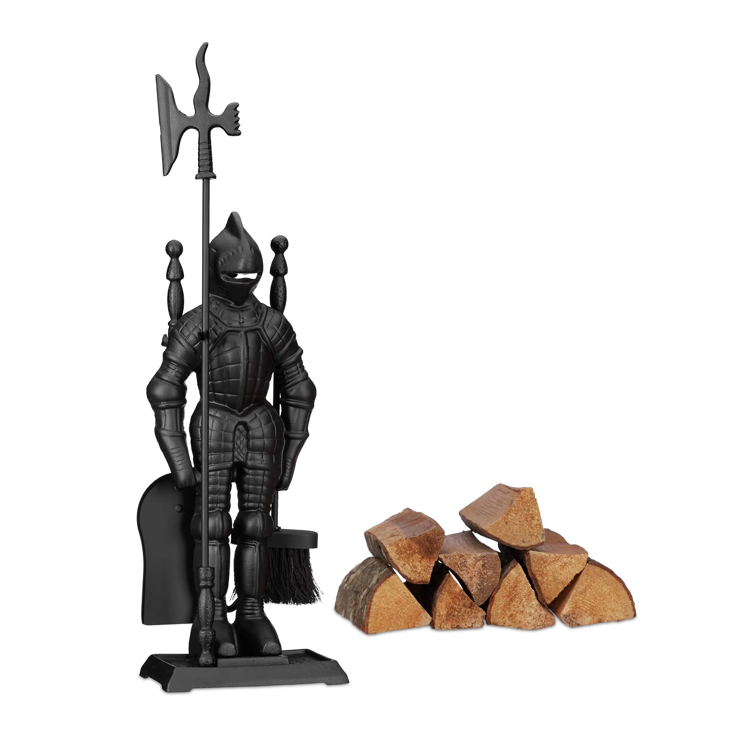 Relaxdays Accessori da Camino con Cavaliere, Set da 4, in Ghisa, Nero
