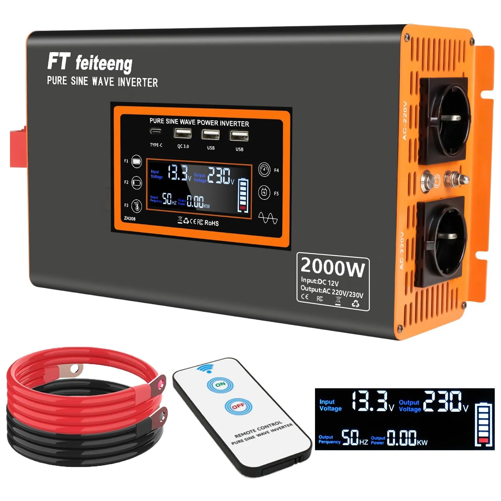 Inverter a Onda Sinusoidale Pura 2000W 12V DC a 220V/230V AC con Display LED e Doppia Porta USB