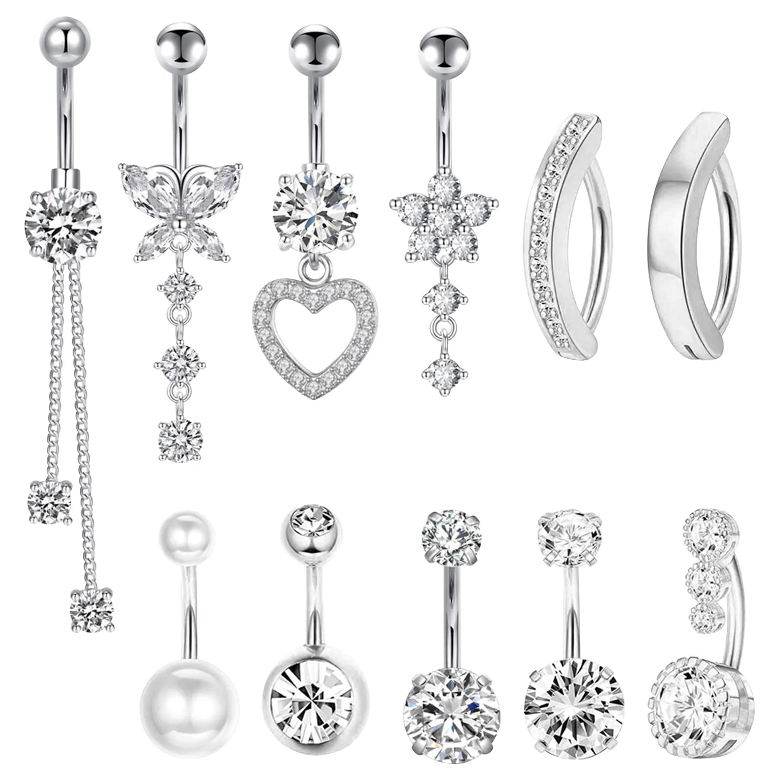 Set di 11 Piercing Ombelico da Donna con Perla, Clicker, Barbell, Cuore e Farfalla