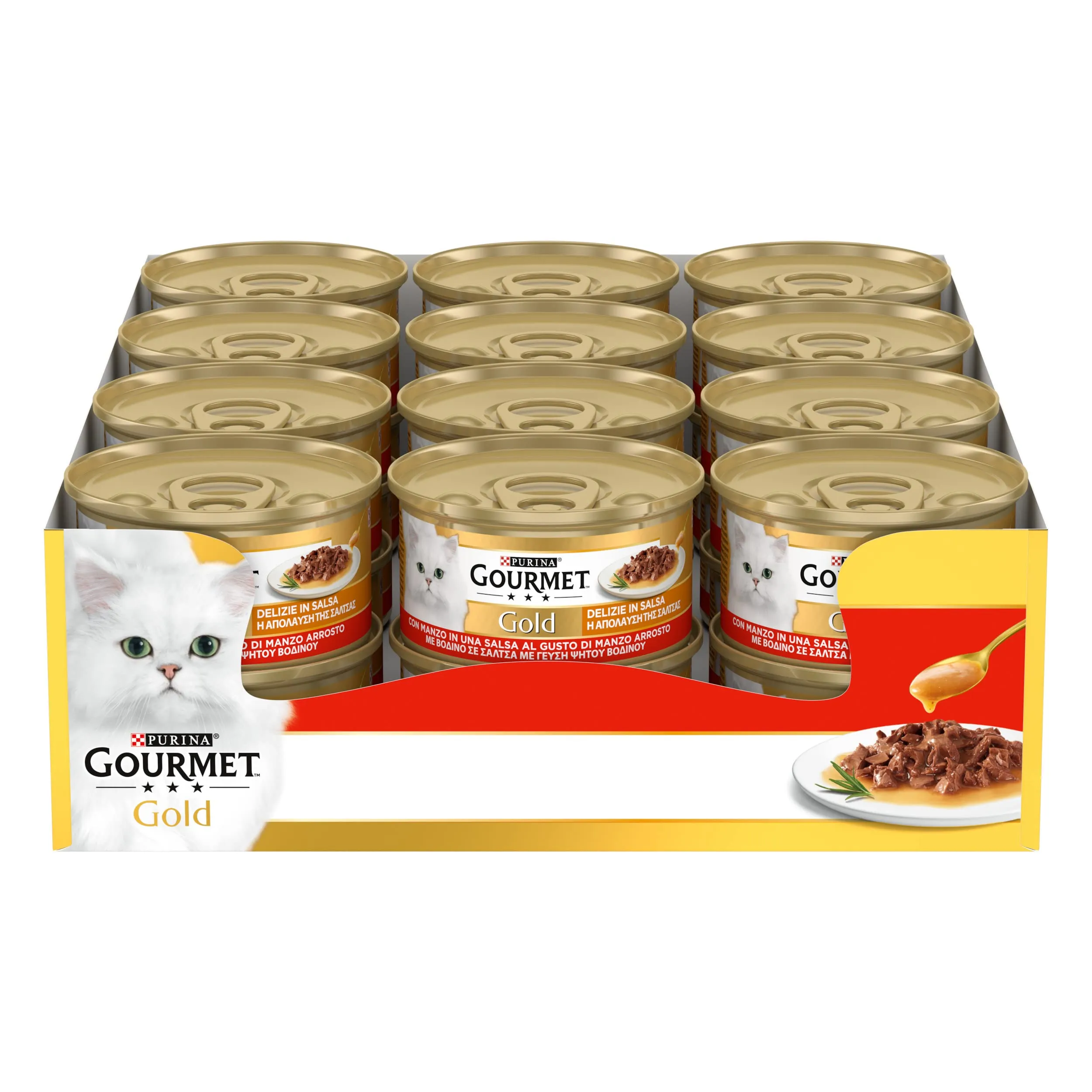 Purina Gourmet Gold Delizie in Salsa Cibo Umido per Gatti Adulti Filettini con Manzo 24 Lattine da 85g