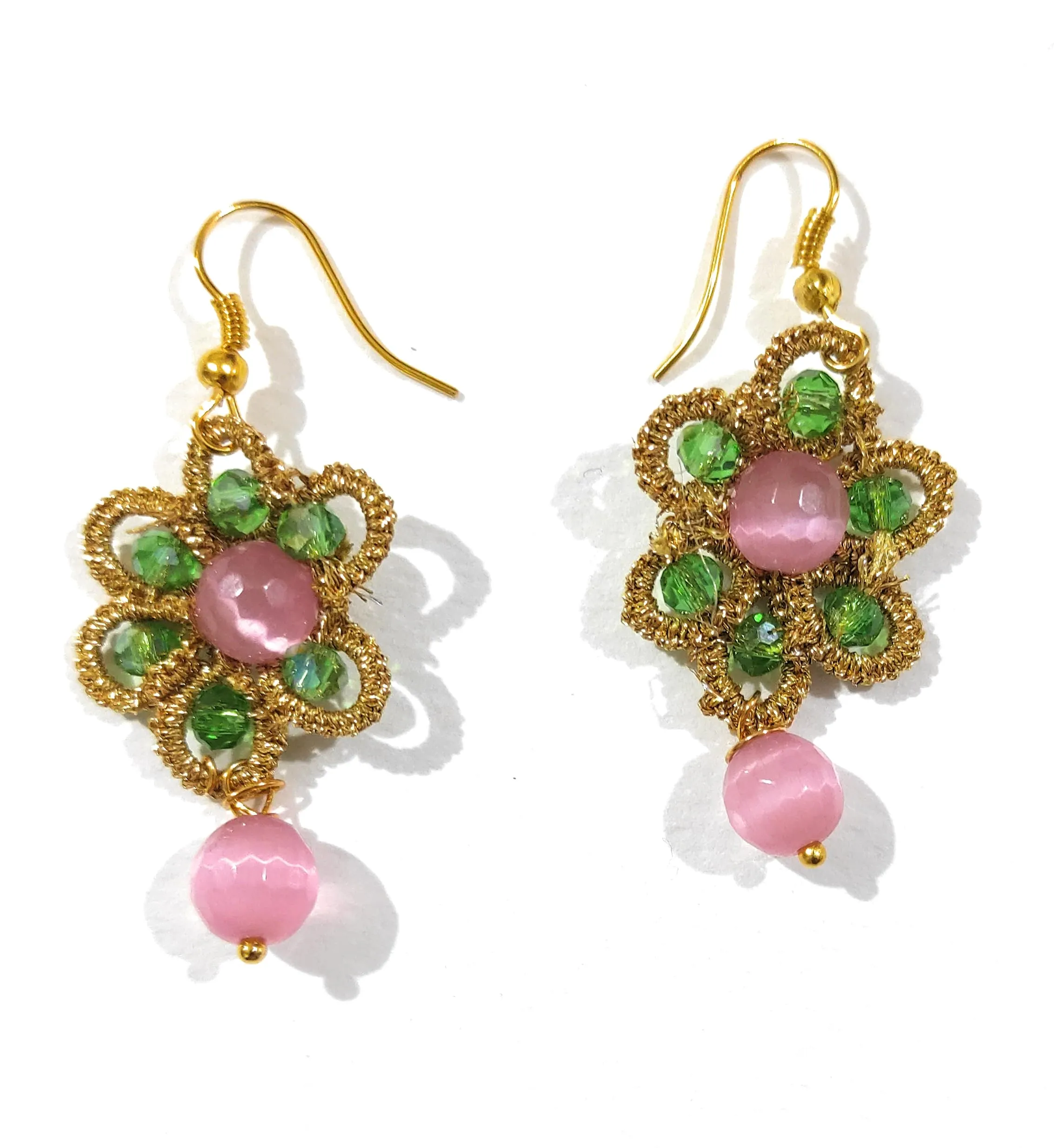 Orecchini Chiacchierino Oro, Rosa e Verde con Cristalli