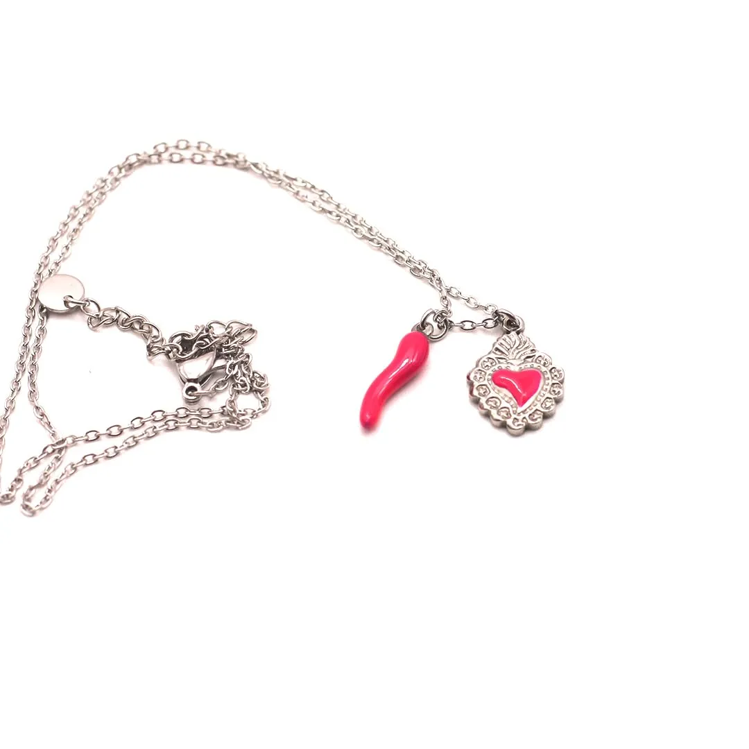 Collana Girocollo Cuore Sacro e Cornetto in Acciaio Inossidabile