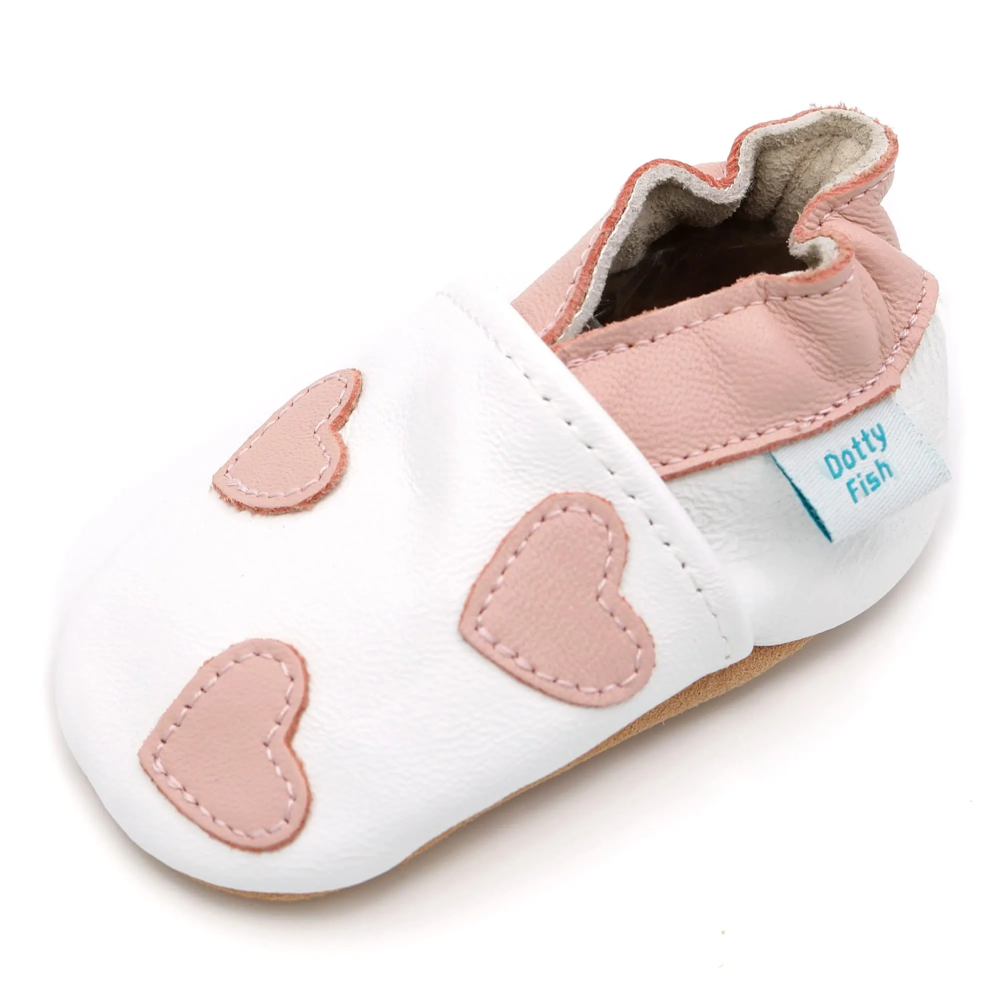 Dotty Fish Scarpe in Pelle Morbide - Bianco Cuori Rosa 6-12 Mesi