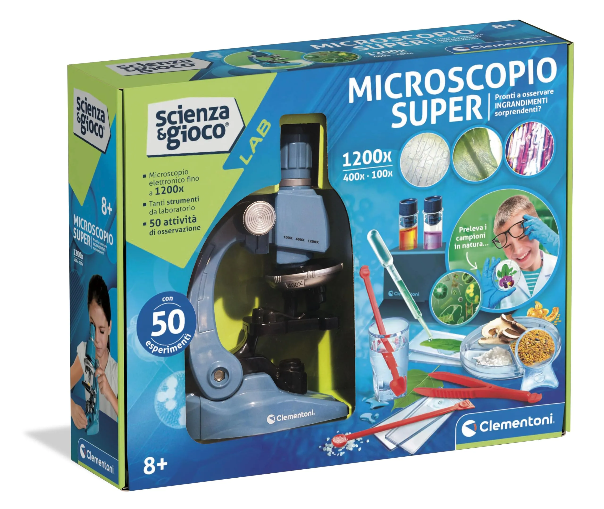 Clementoni Scienza e Gioco Lab - Microscopio Super - Laboratorio con 50 Esperimenti di Scienza, Microscopio per Bambini Ottico ed Elettronico 1200X, Gioco Scientifico 8 Anni, in Italiano, 19228