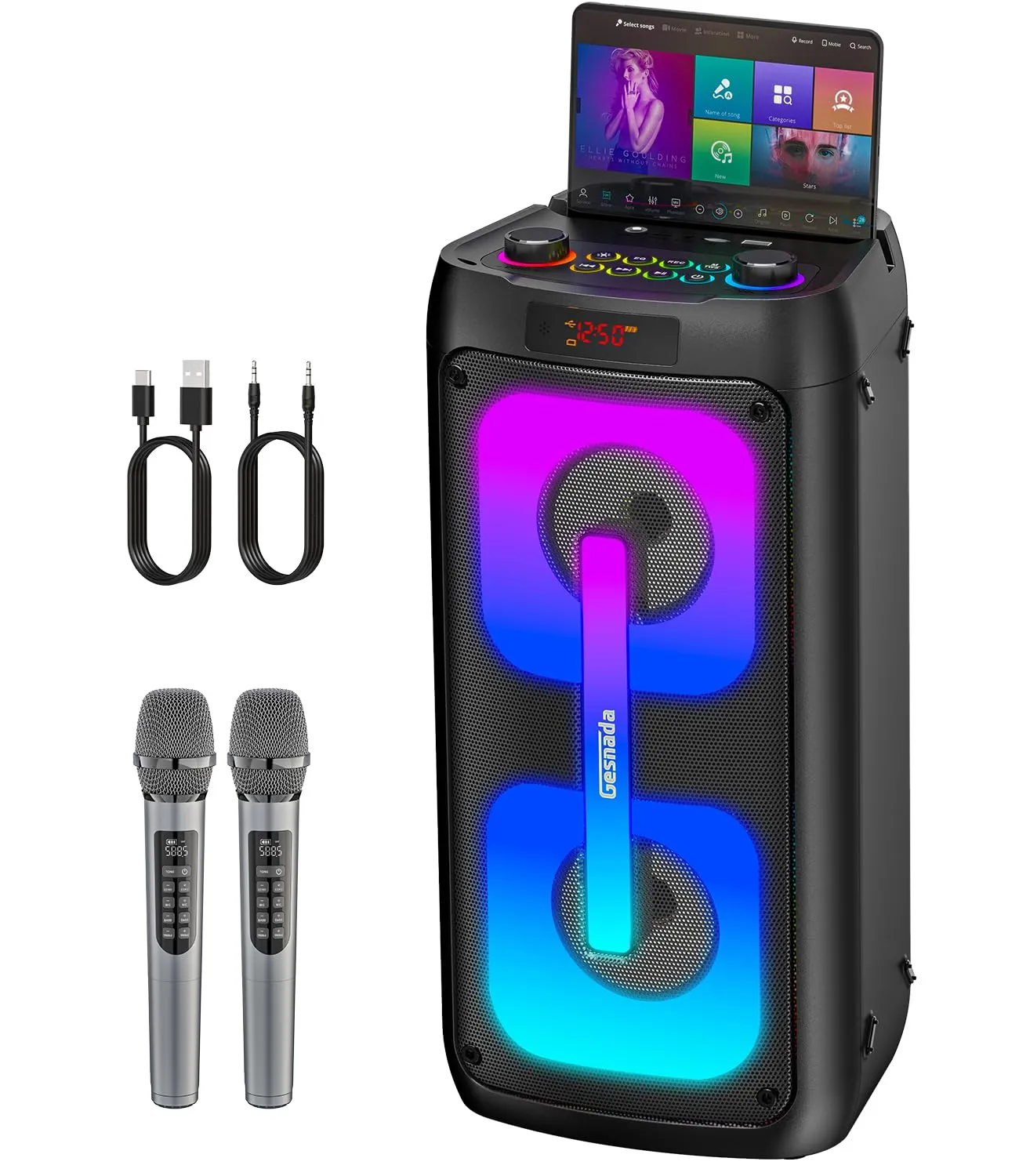 Macchina Karaoke Bluetooth Portatile con 2 Microfoni Wireless e Luci Discoteca