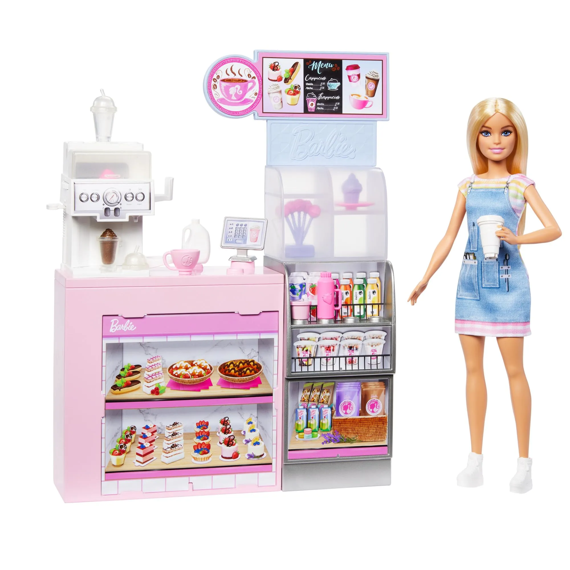 Barbie - Caffetteria, playset con bambola barista bionda e 12+ accessori a tema inclusi, tra cui macchina per caffè e frullati, tazze e cibo, giocattolo per bambini, 3+ anni, HXN94