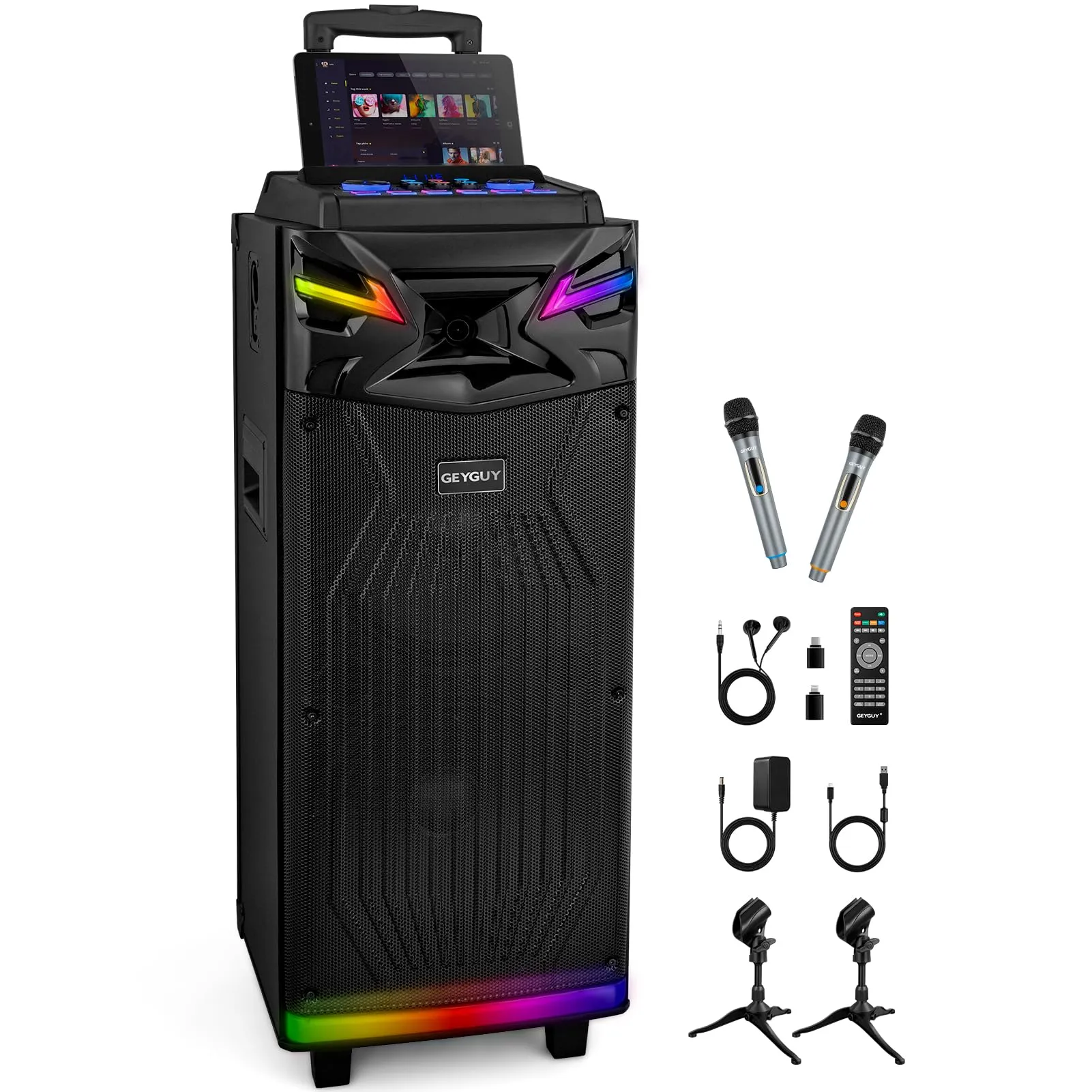Sistema Karaoke Professionale Portatile con Doppio Woofer da 10", 2 Microfoni Wireless, Bluetooth, Effetti Luce e Radio FM