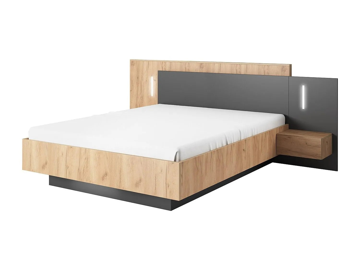 Letto matrimoniale Francoli con comodini integrati, LED e cassetti