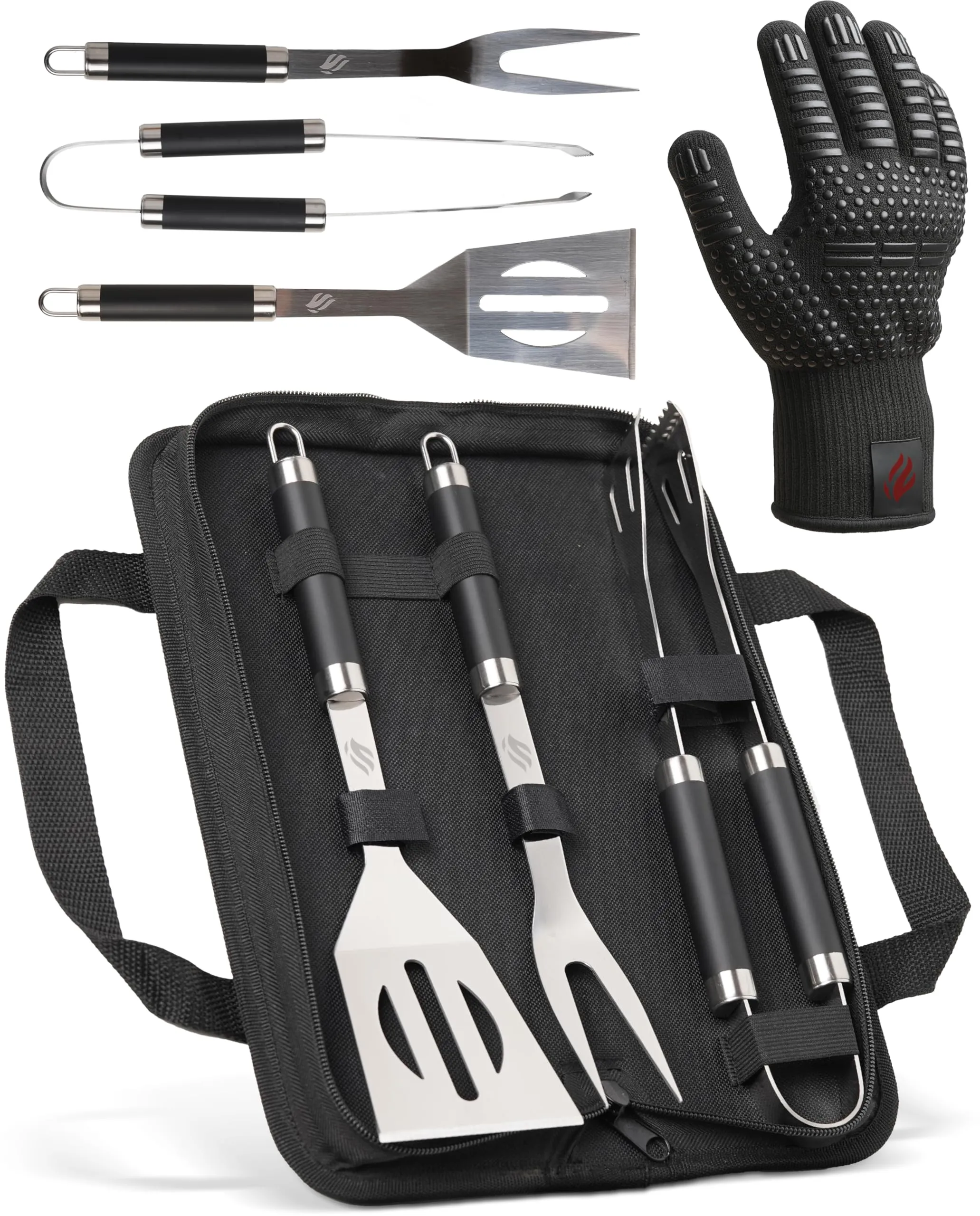 HORUS 23 - Set Accessori Barbecue Professionale con Borsa Porta Attrezzi BBQ - 4 Accessori BBQ: Pinze, Spatola, Forchettone e Guanto Ignifugo