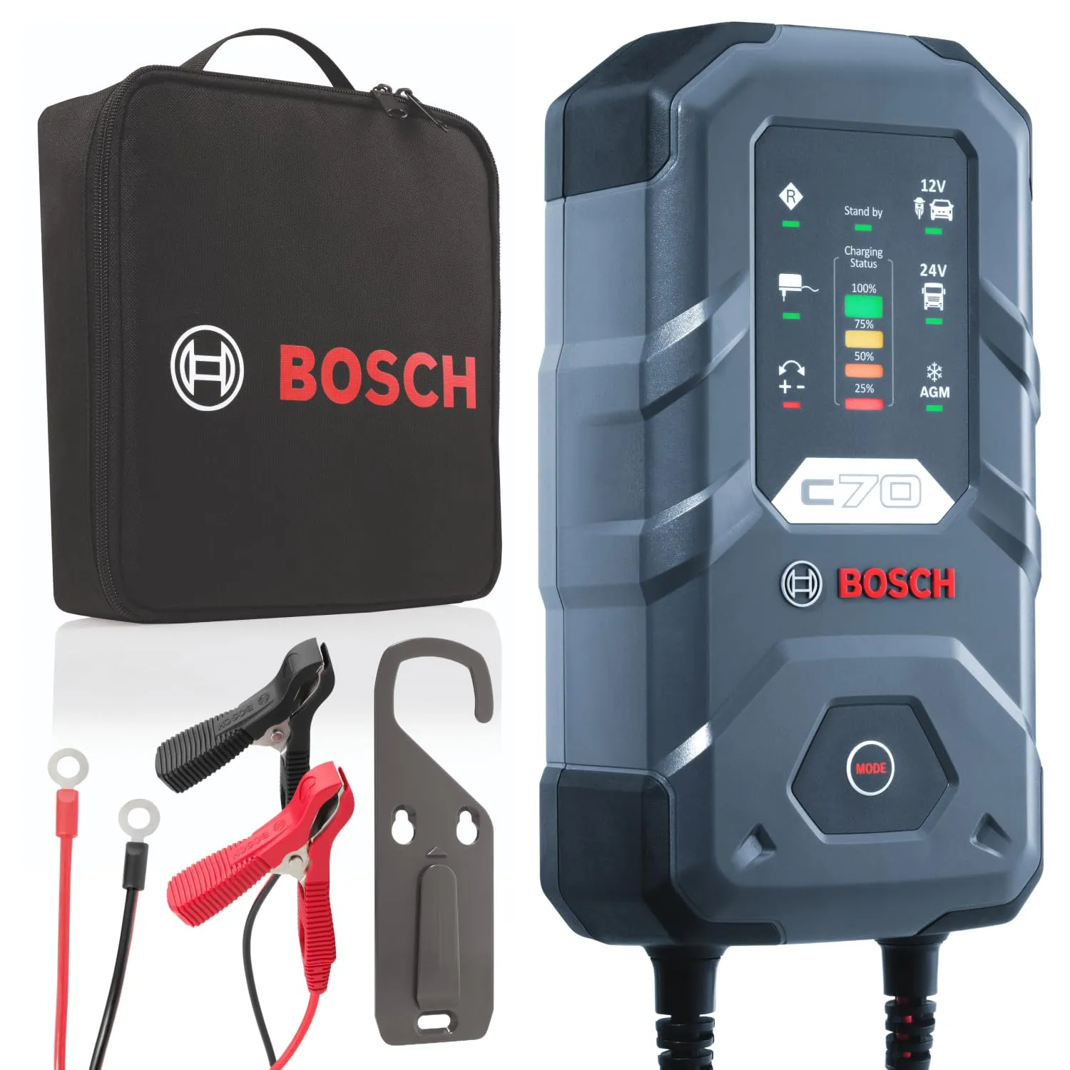 Bosch C70 Caricabatterie Intelligente 12V/24V per Auto, Moto e Veicoli Commerciali
