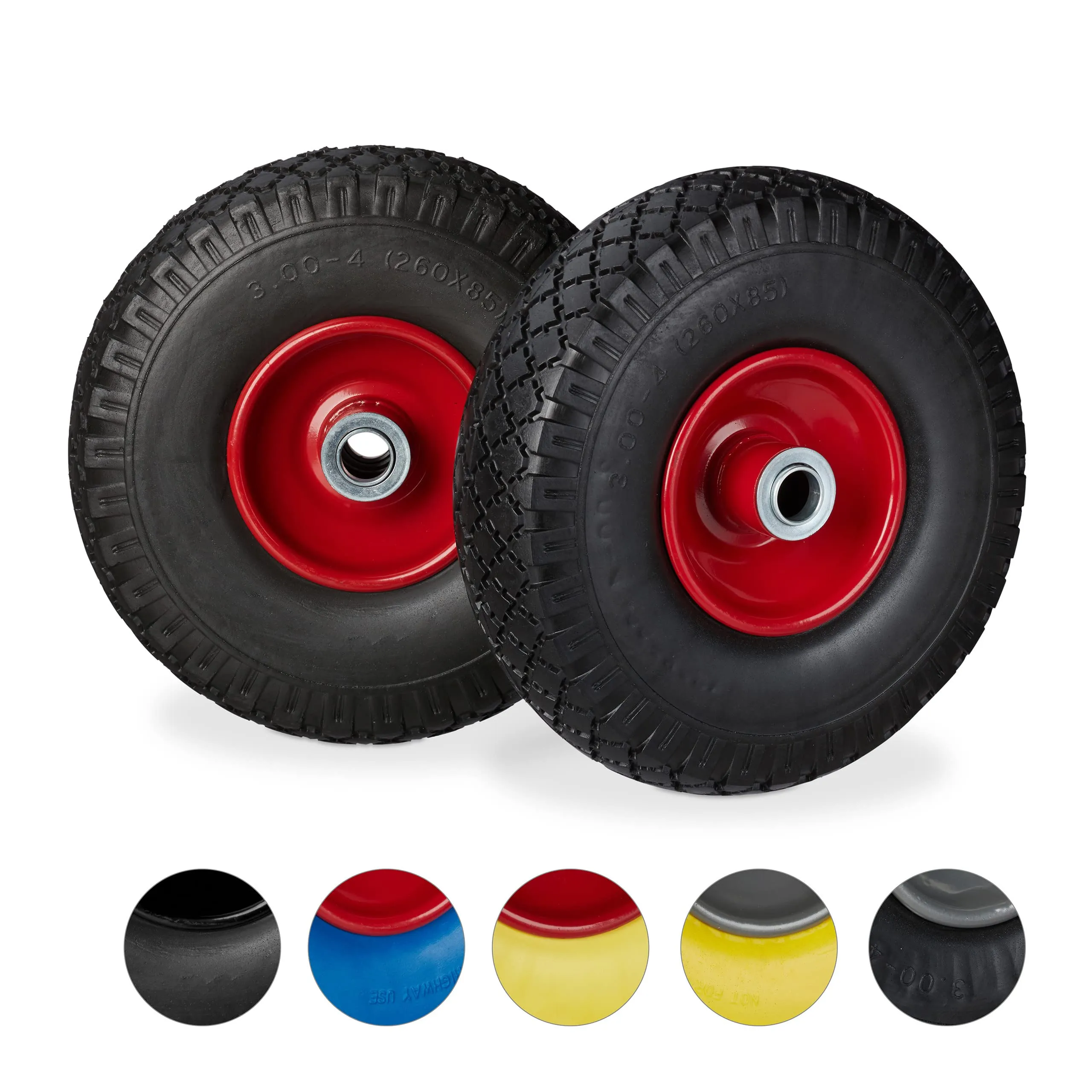 Relaxdays 2 Ruote per Carrello Standard, Gomma Antipanne, 3.00-4", ASSE 20mm, 150 kg, 260x85 mm, Nero-Rosso