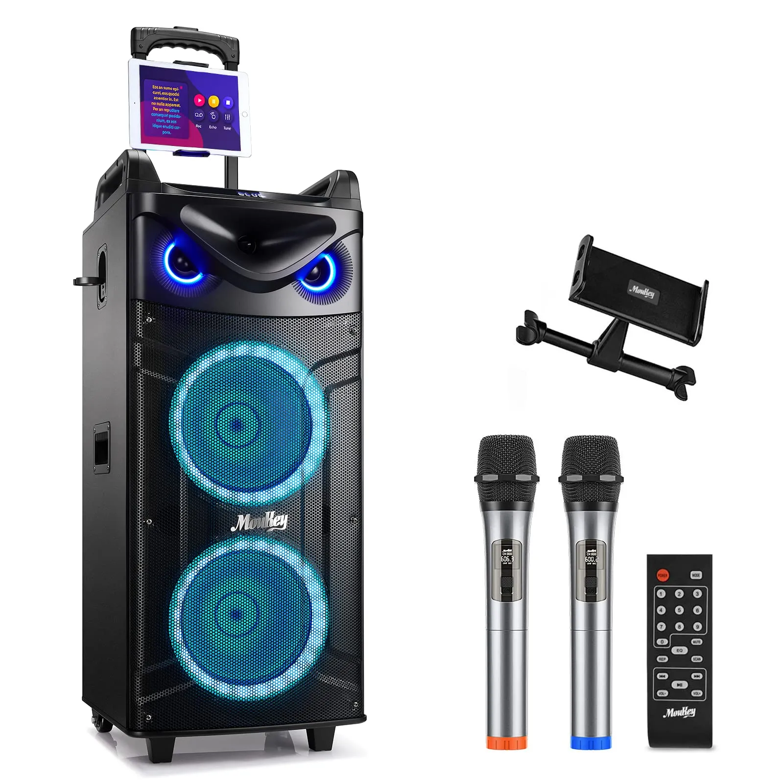 Moukey MTs210-1 Sistema Karaoke Portatile con Doppio Woofer e Microfoni Wireless