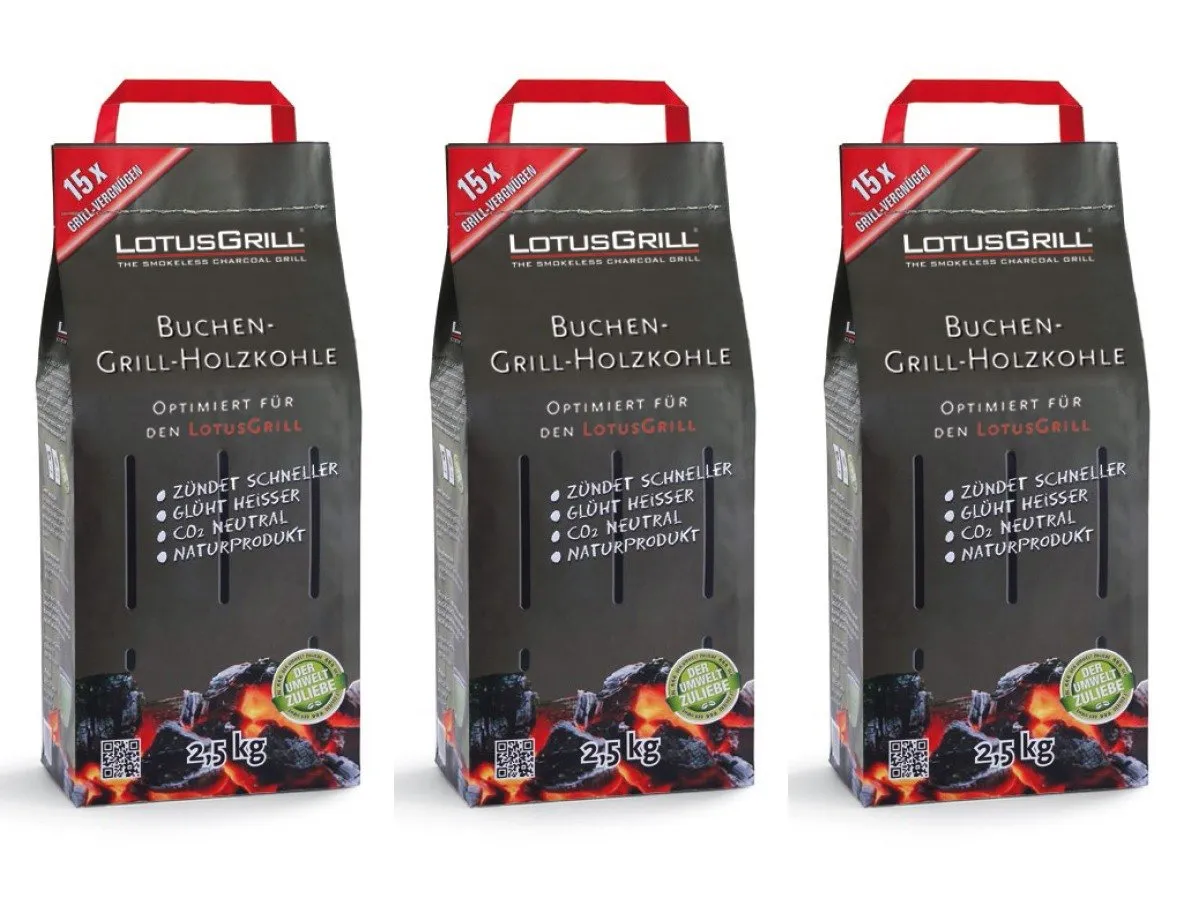 LotusGrill Carbone di Faggio - Set da 3 Sacchi da 2,5 kg