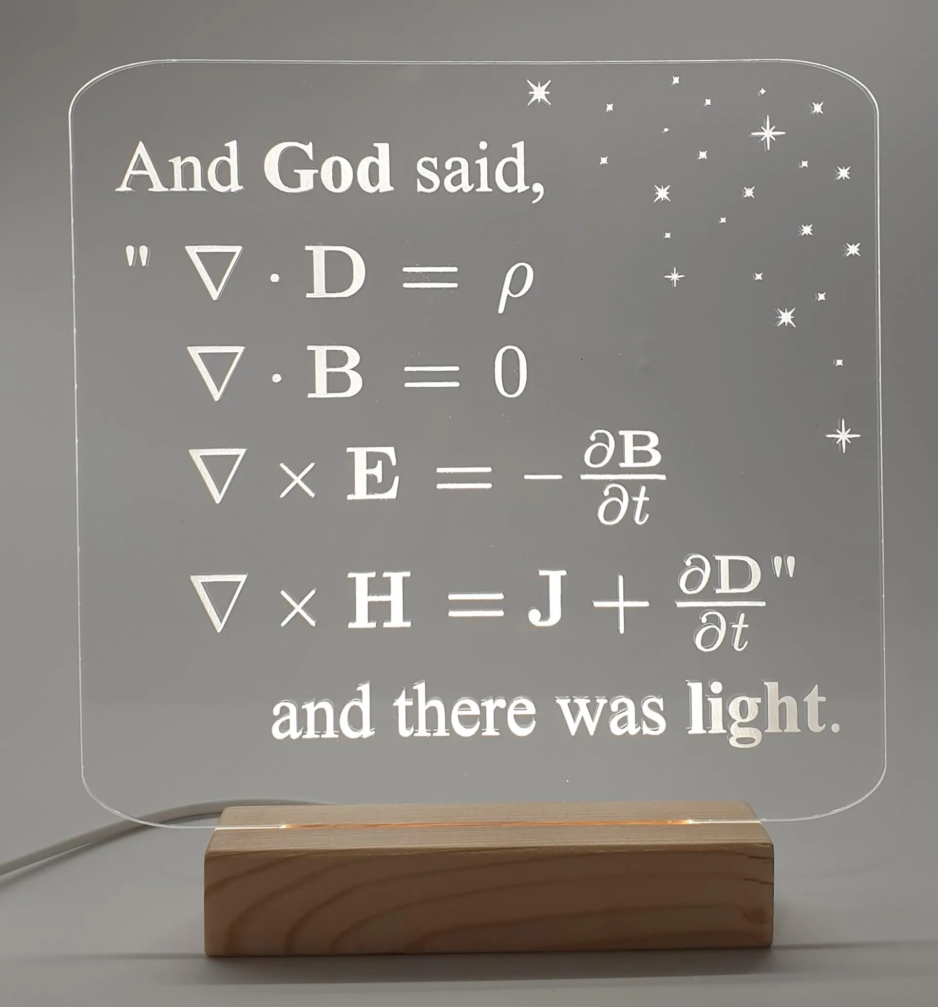 Lampada LED con equazioni di Maxwell e citazione biblica