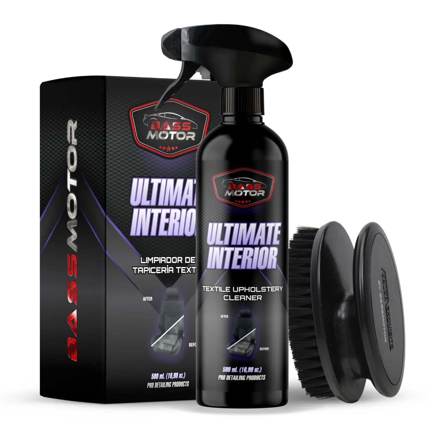 BassMotor Pulitore per Tessuti per Sedili e Tappetini Auto, Ultimate Interior 500ml + Spazzola