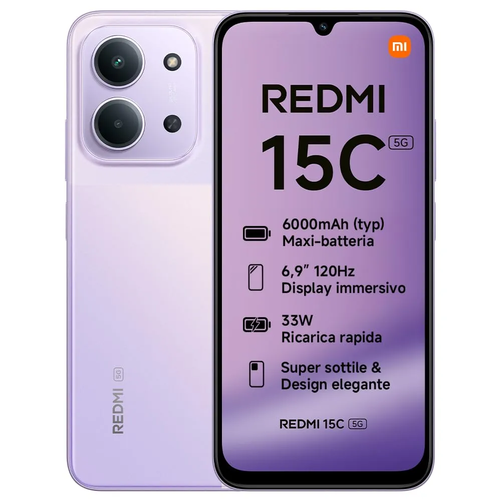 Xiaomi Redmi 15C 5G Viola 4+256GB, Display 6.9" 120Hz, MediaTek Dimensity 6300, Dual Camera 50MP, Batteria 6000mAh