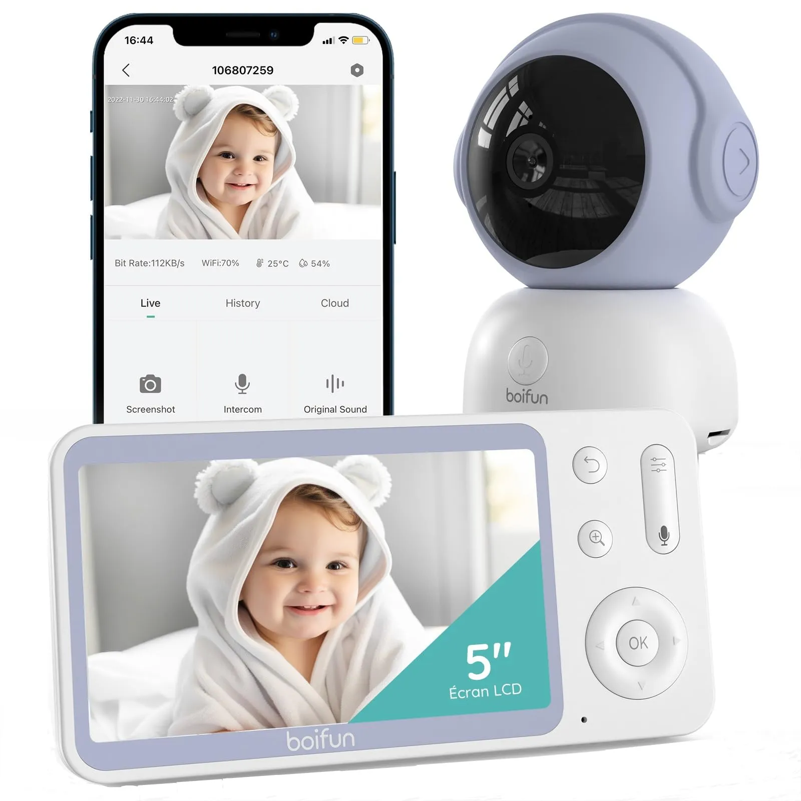 Boifun Baby Monitor 5.5'' 2K con Telecamera 4MP, Wi-Fi, AI e Funzioni Premium