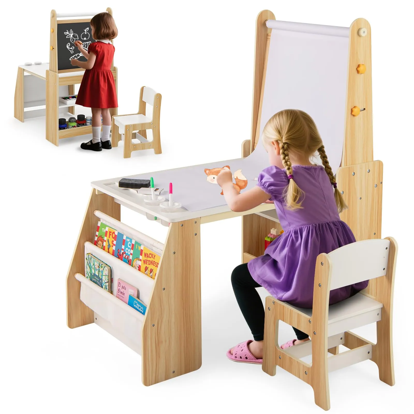 COSTWAY Set Tavolo e Sedia per Bambini con Lavagna e Libreria (Naturale)
