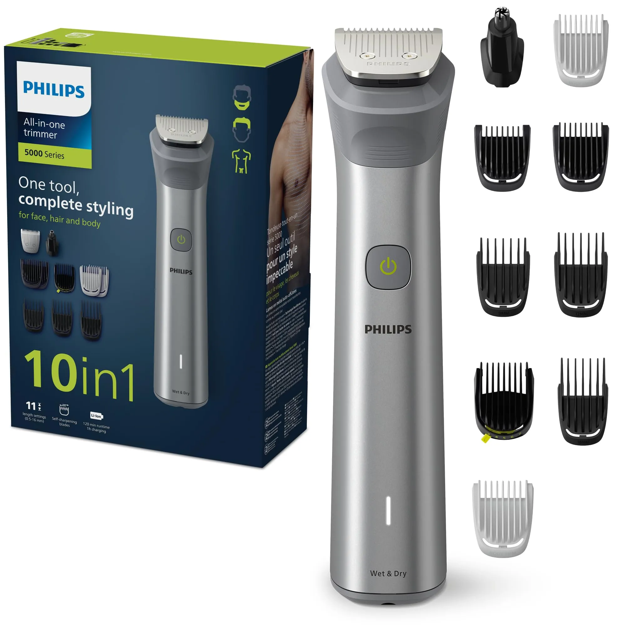 Philips Multigroom serie 5000, rasoio all-in-one, regolabarba e tagliacapelli da 10 pezzi per testa, barba, viso, corpo, naso e orecchie, 11 impostazioni di lunghezza, modello MG5917/15