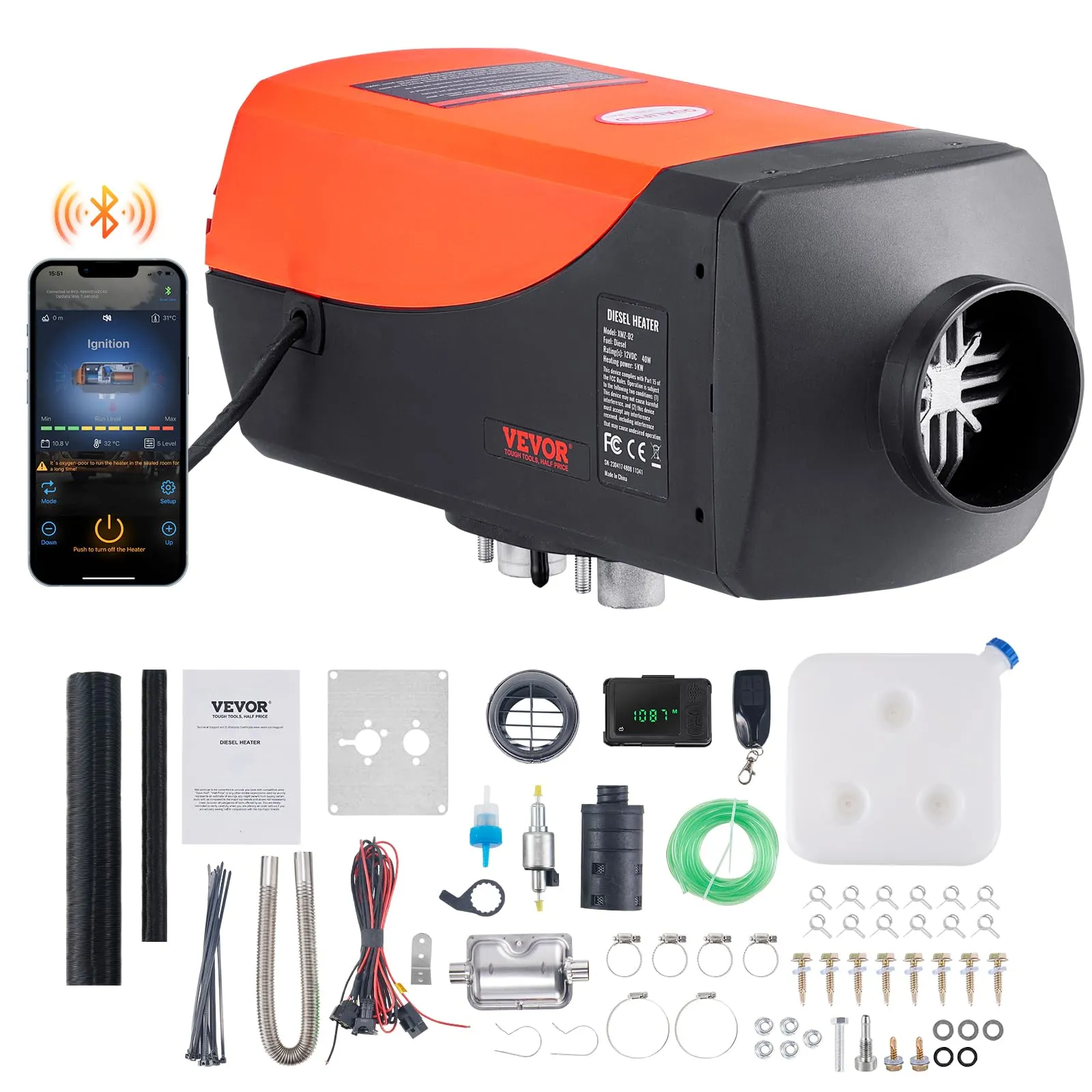 VEVOR Riscaldatore d'Aria Diesel per Auto Camper Camion RV 12V 5-8KW Temperatura Regolabile 8℃-36℃ Controllo Bluetooth Riscaldatore da Parcheggio per Auto Consumo di Carburante 0,16-0,52L/h BTU 15-20m²