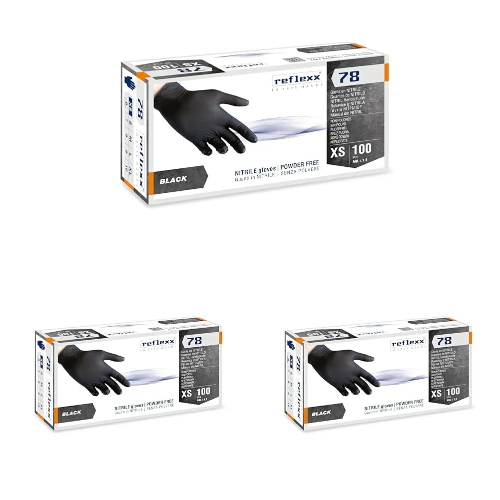 Reflexx R78, Guanti in Nitrile Neri senza Polvere Gr 4, 100 Pezzi, Nero taglia L (Confezione da 3)