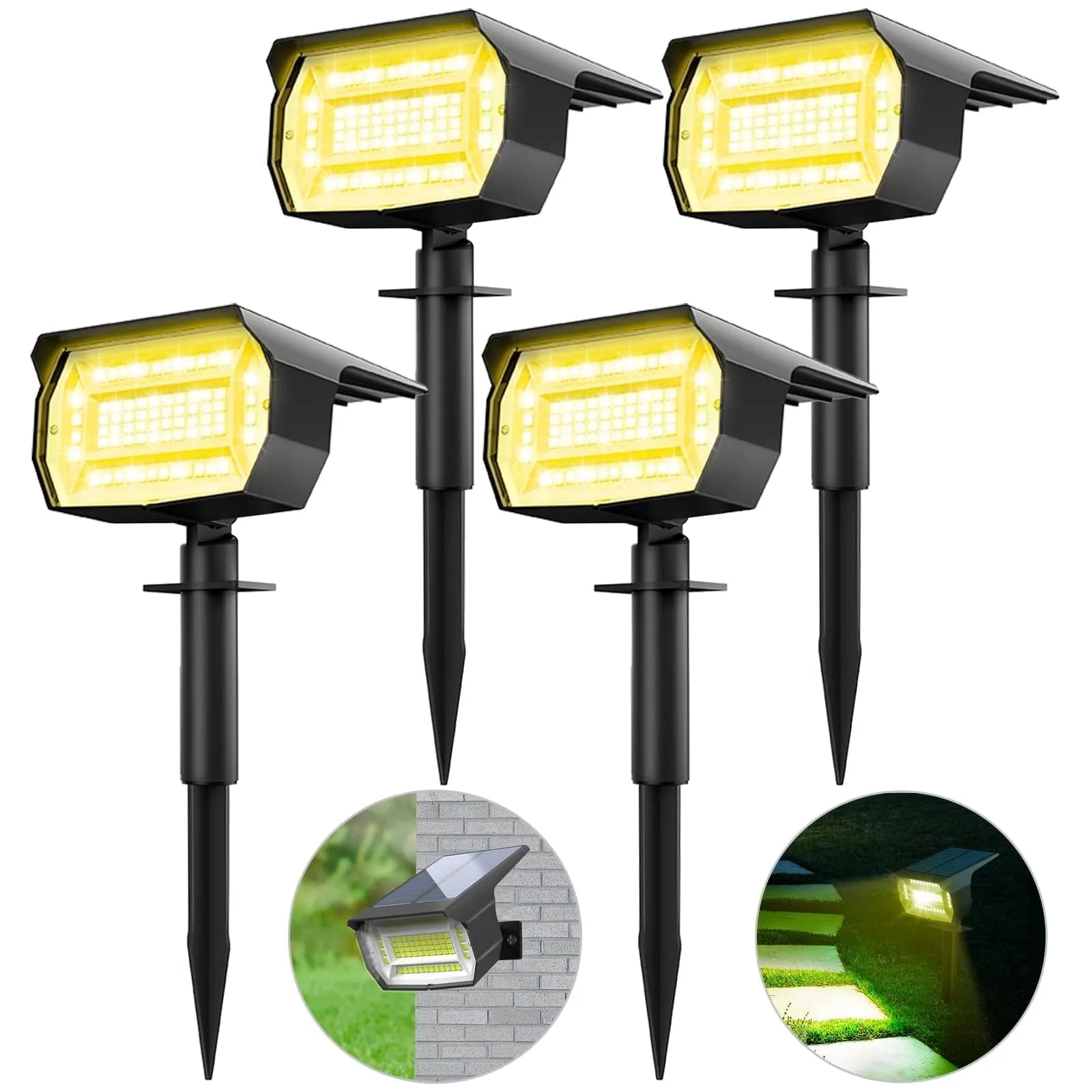 Kit 4 Faretti Solari LED da Esterno 72 LED Bianco Caldo IP65