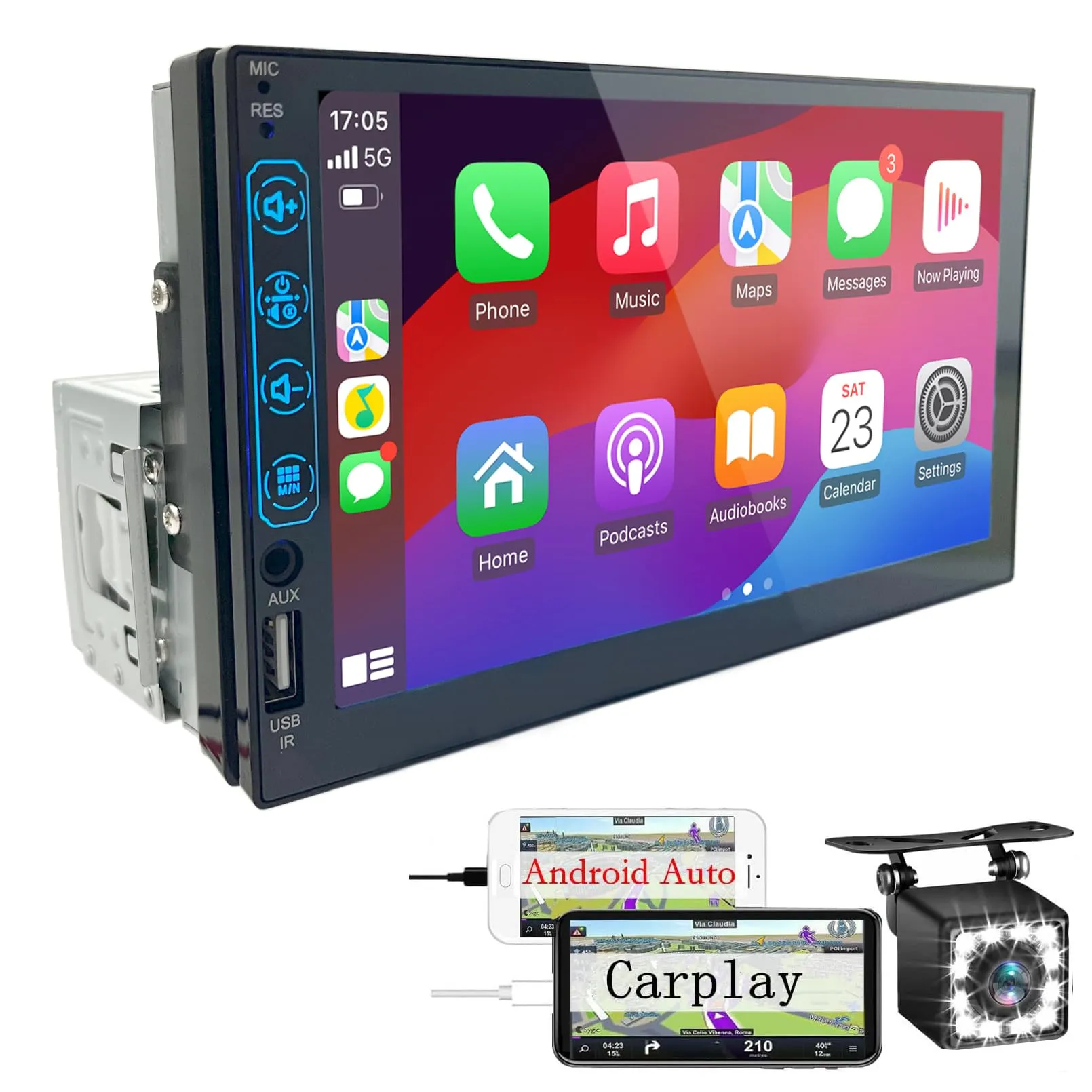 Autoradio 1 DIN con Schermo CarPlay & Android Auto - 7 Pollici Touchscreen Stereo Auto con Schermo, Radio Bluetooth Auto con Mirror Link/USB/FM, Supporta Telecamera Posteriore