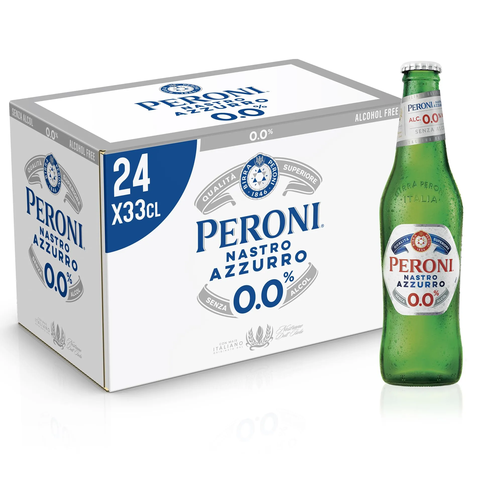 Peroni Nastro Azzurro 0.0 Birra Analcolica Premium Lager - Cassa da 24 Bottiglie da 33cl