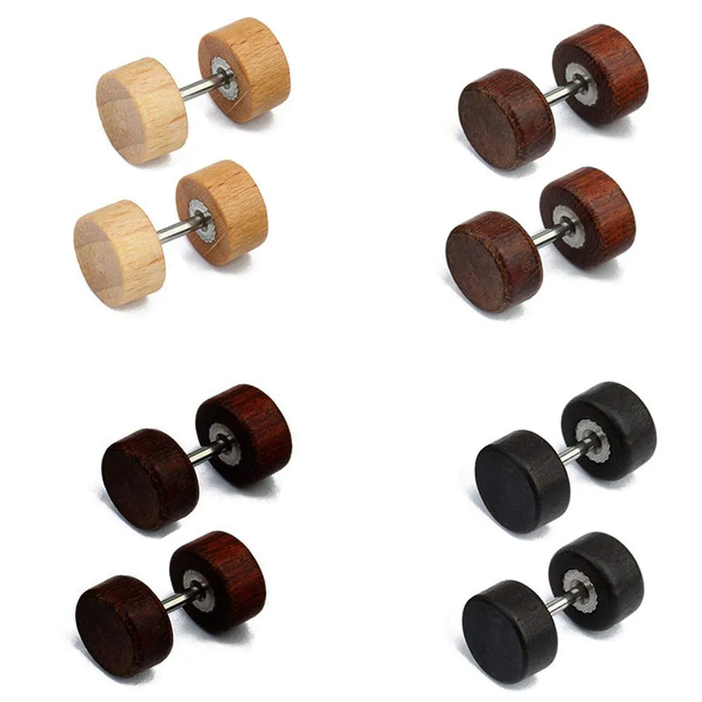 Epoch World 4 Coppie di Orecchini in Acciaio Inossidabile e Legno da 8mm per Uomo e Donna