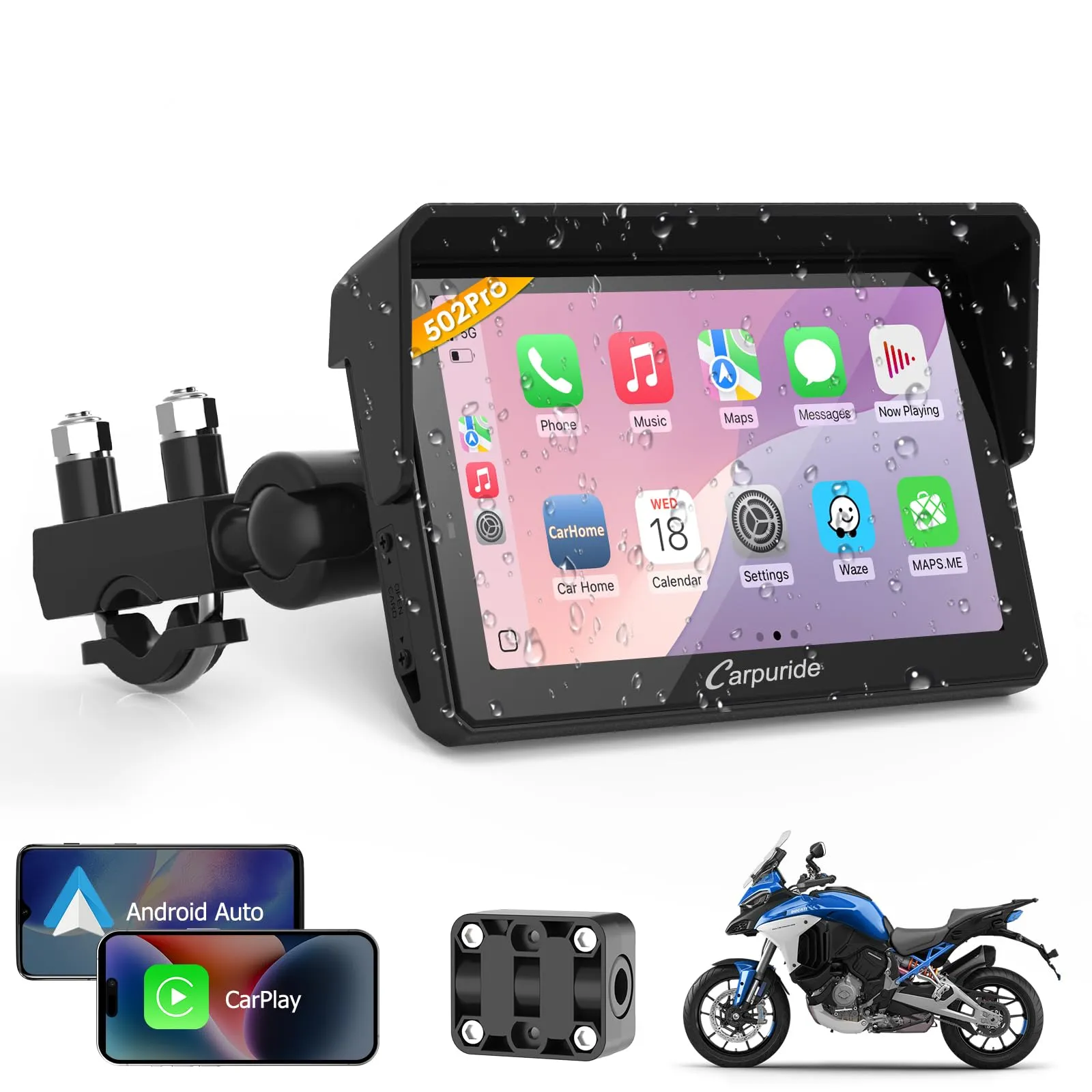 Carpuride W502PRO: Navigatore GPS Impermeabile per Moto con CarPlay, Android Auto e Doppio Bluetooth