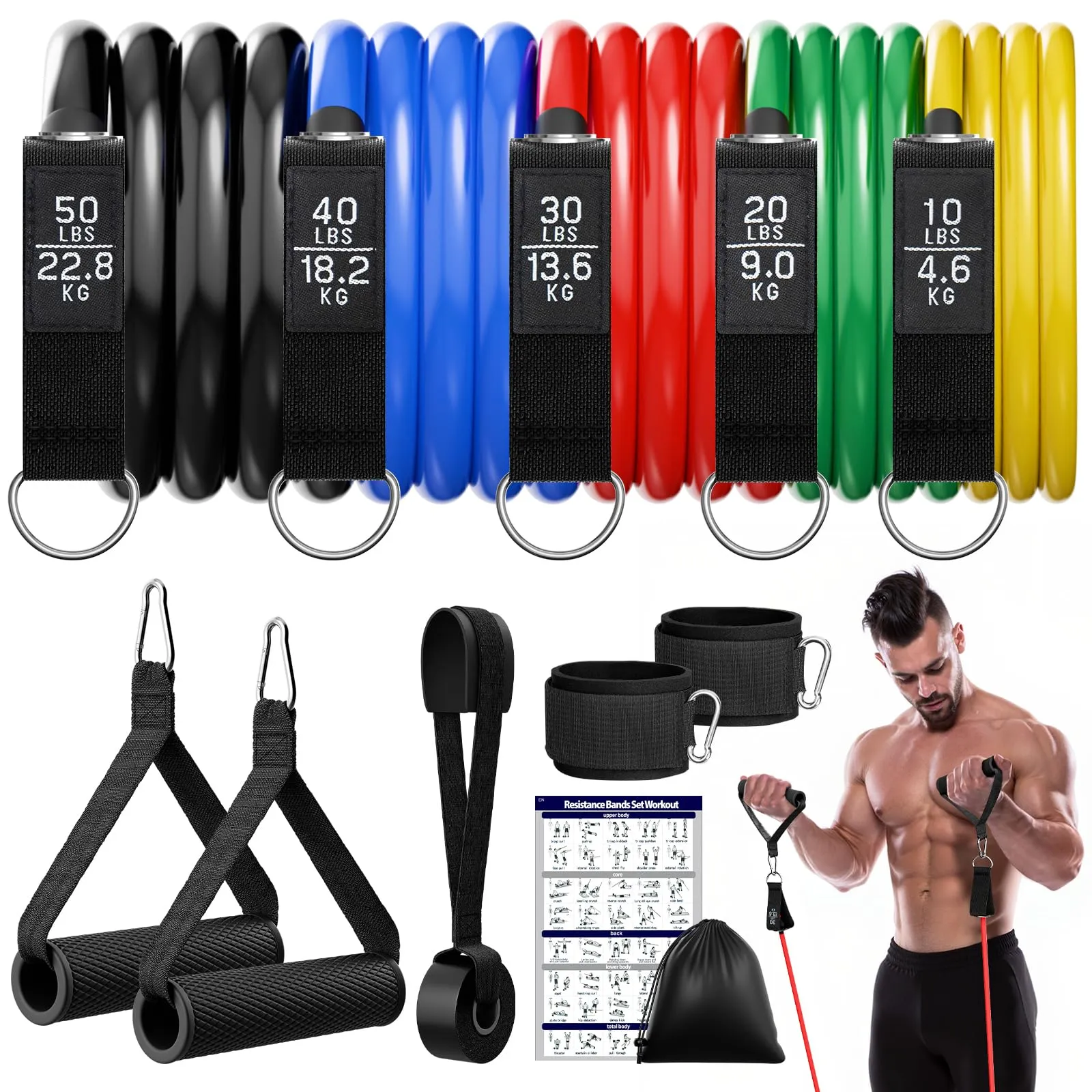 Fokky Set Elastici Fitness con Accessori - 5 Livelli di Resistenza