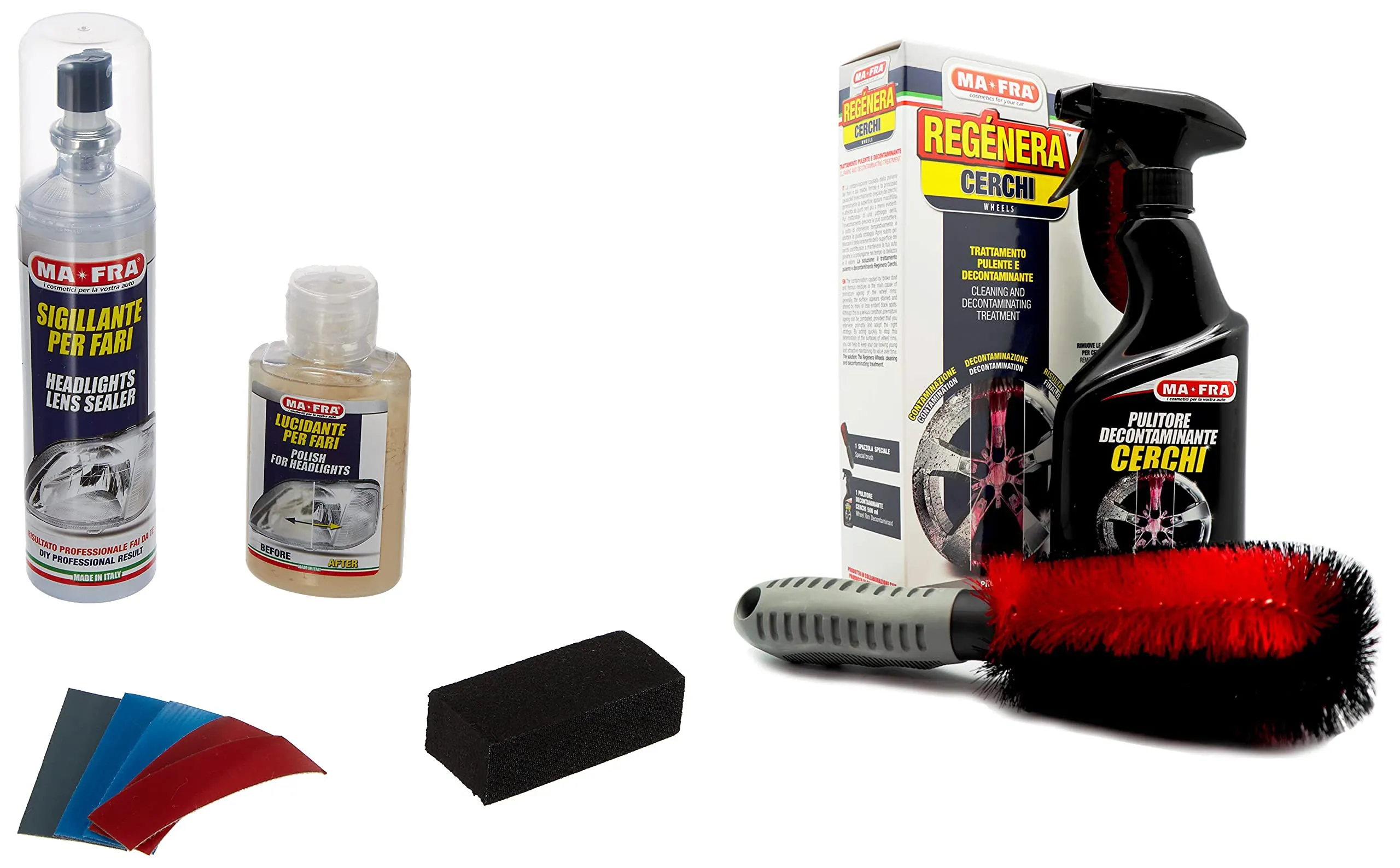 Kit Rigenera Fari e Cerchi Mafra: Trattamento Completo Pulente e Decontaminante