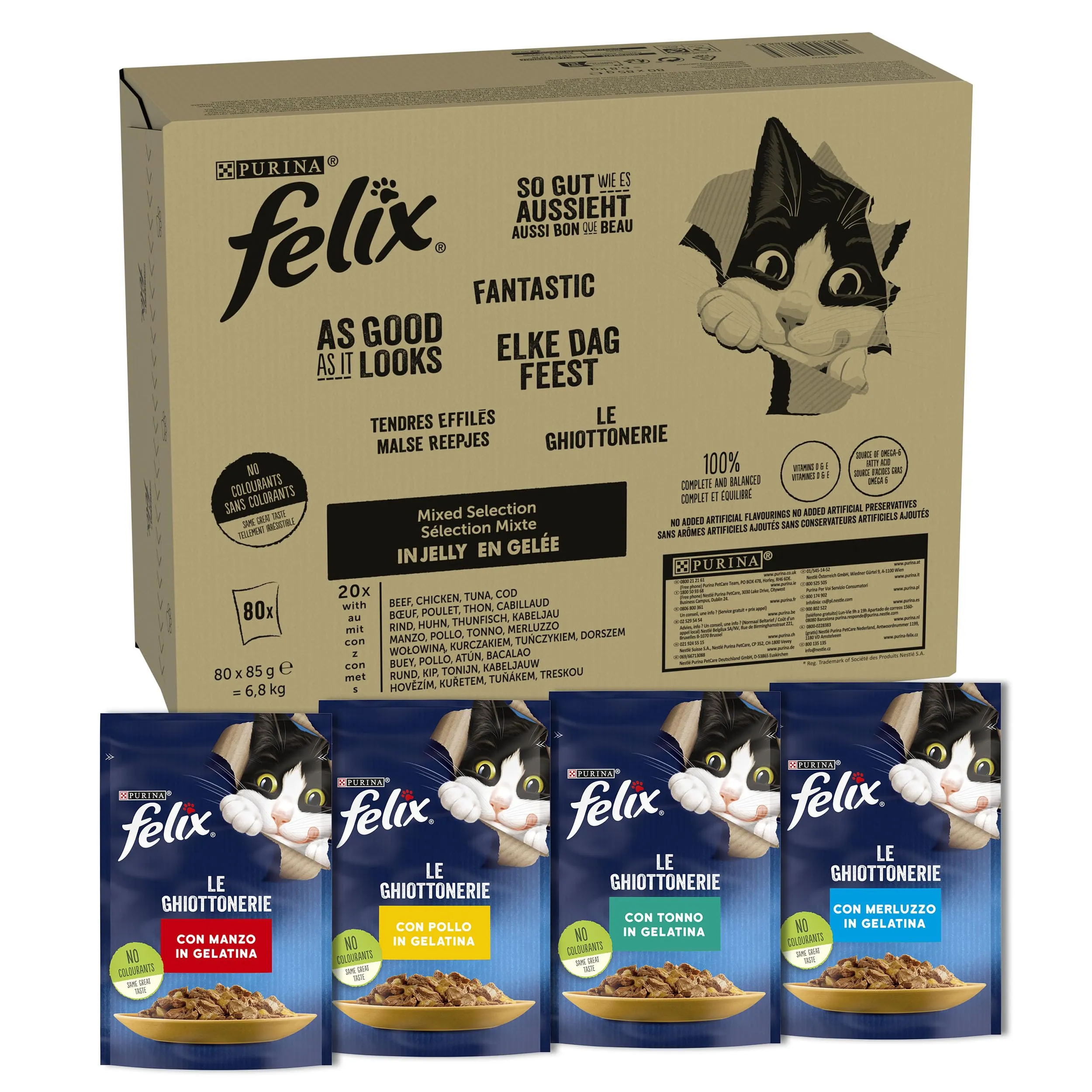 FELIX Le Ghiottonerie - Cibo Umido Gatto Adulto, Bocconcini in Gelatina (Manzo, Pollo, Merluzzo, Tonno) - 80x85g