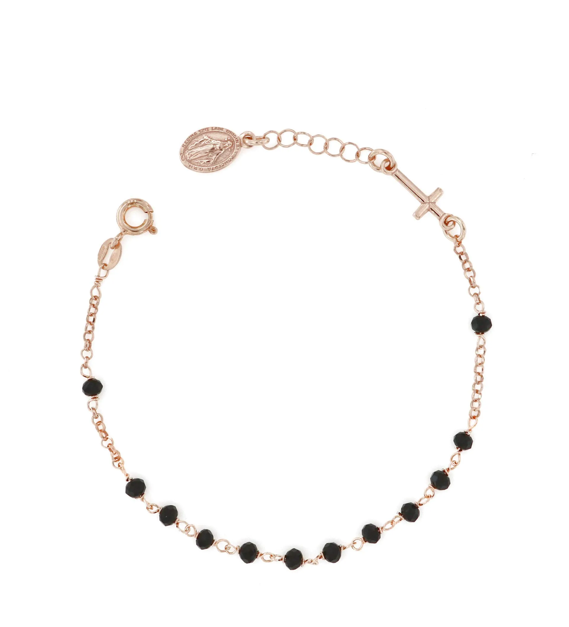 Bracciale Rosario in Argento 925 con Pietre Nere, Croce e Medaglietta Madonna - Linea Italia Gioielli