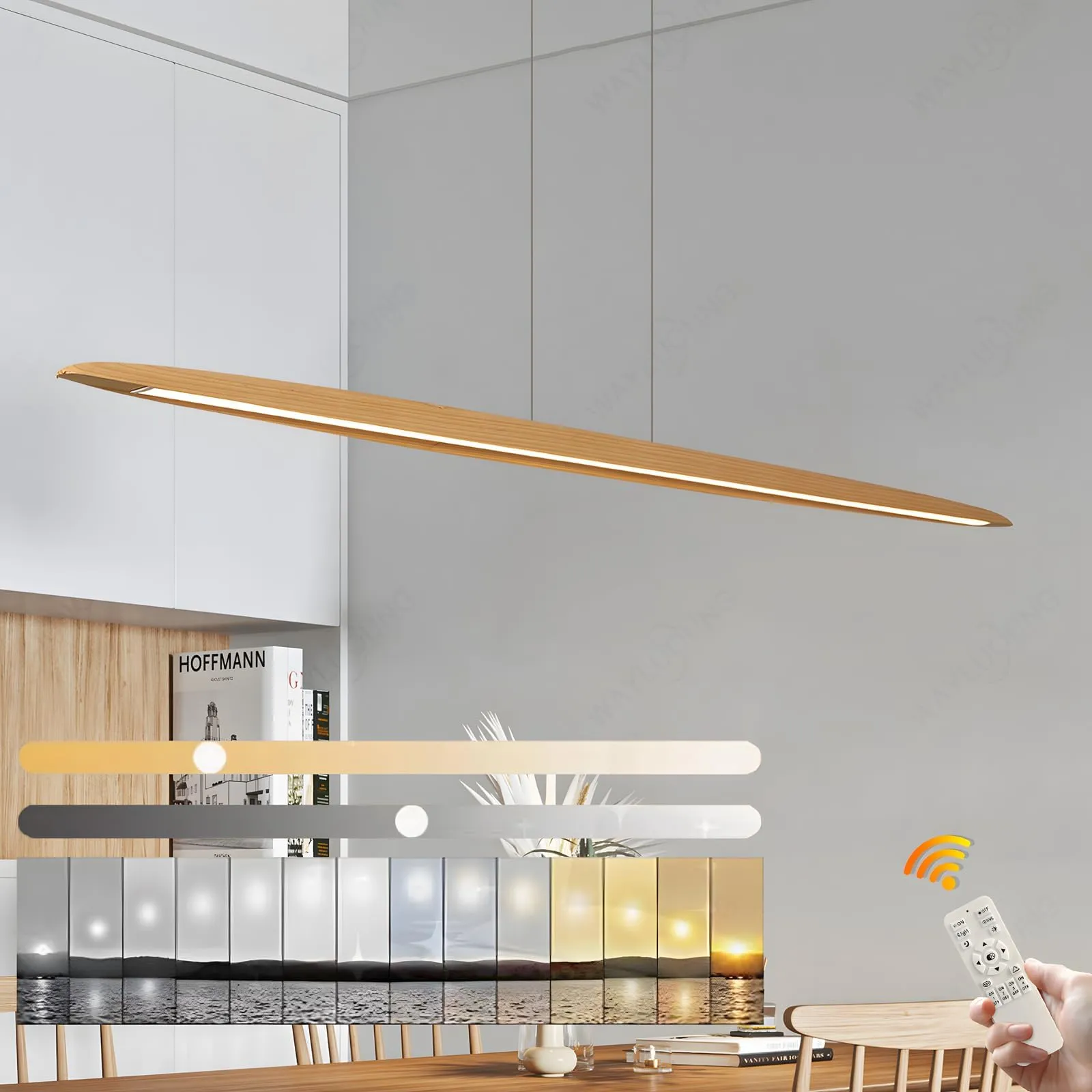 Lampada a Sospensione LED in Legno Dimmerabile con Telecomando - Design Moderno e Lineare