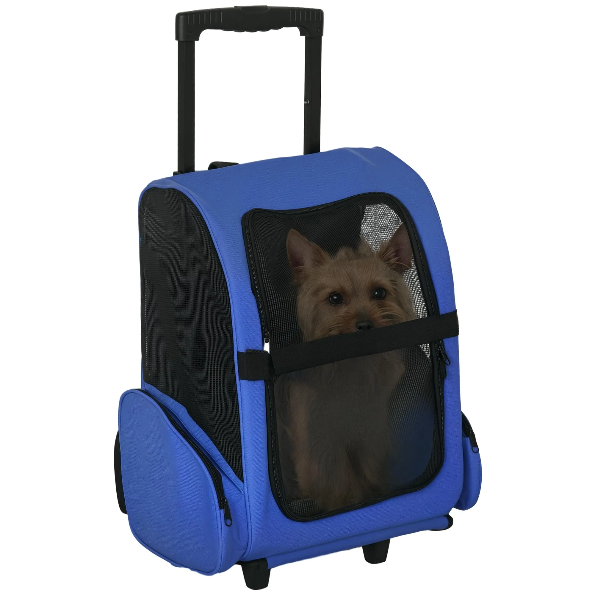 PawHut Trasportino Zaino 2 in 1 per Cani e Gatti con Ruote Blu