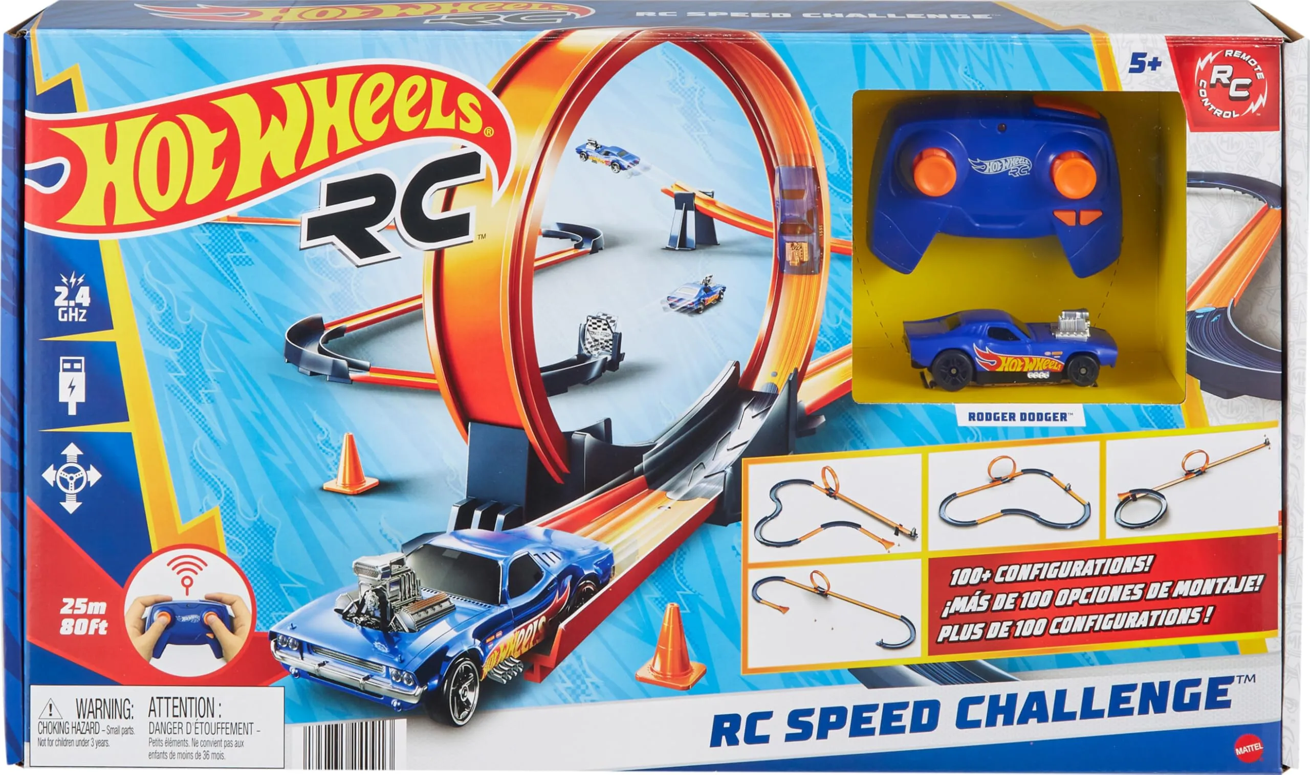 Hot Wheels - Sfida di Velocità, Pista con Veicolo radiocomandato in Scala 1:64, Set con 30 Pezzi di Pista per configurazioni Multiple, Giocattolo per Bambini, 5+ Anni, HXX45