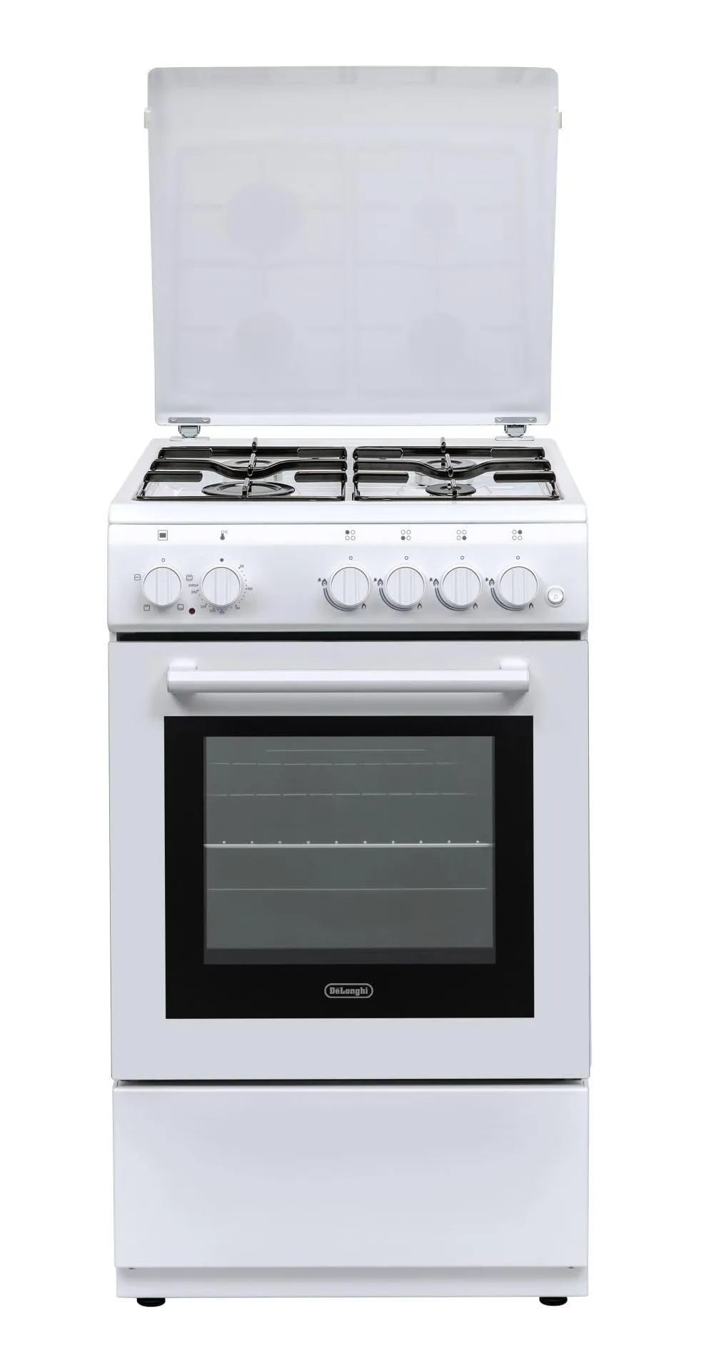 De'Longhi DL554EW - Cucina a gas con forno elettrico, 4 fuochi, 50x50 cm, Bianco, Classe energetica A